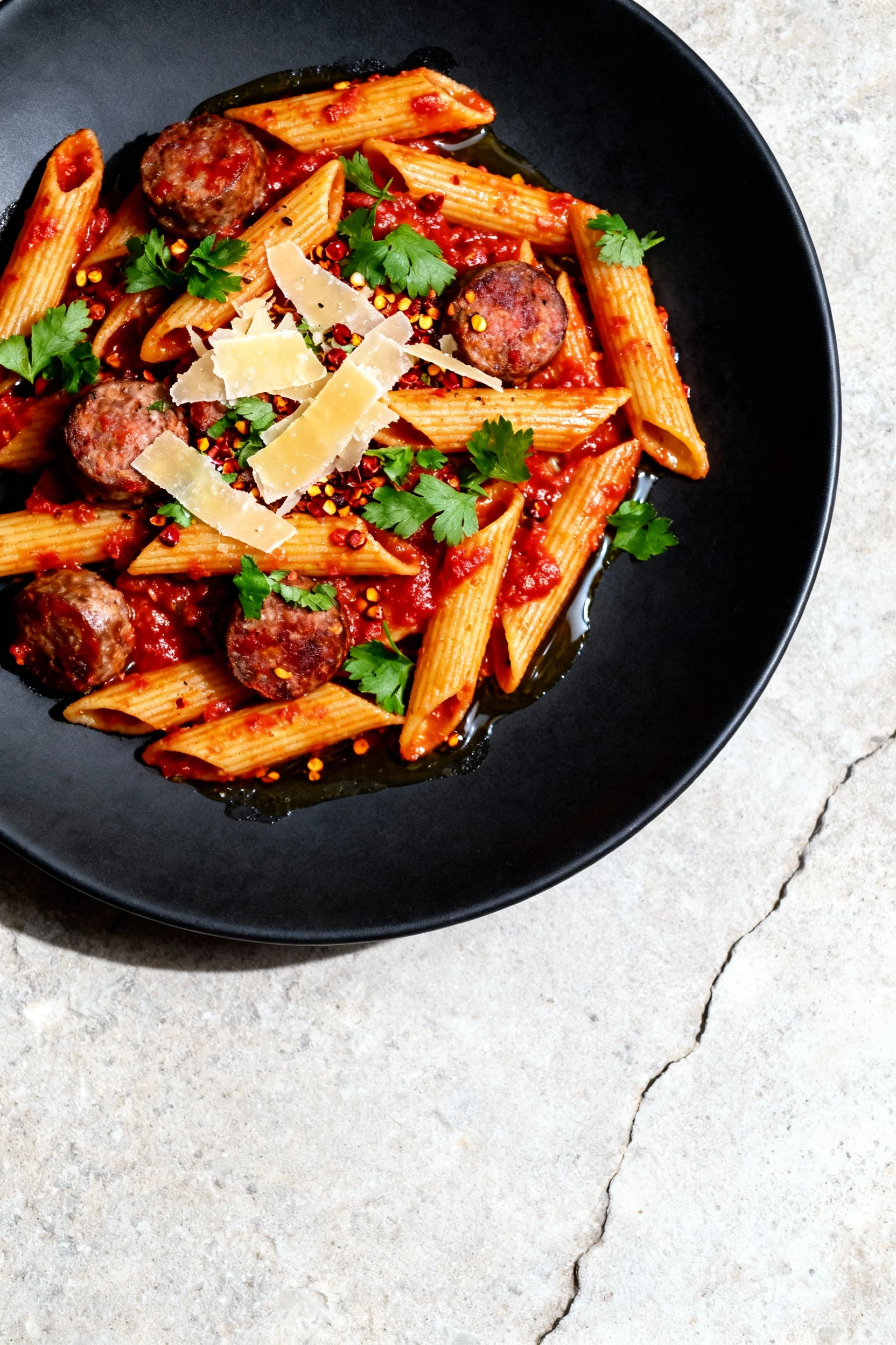 Overhead tasty top view: Spicy Sausage Arrabbiata penne with glossy red sauce, chili flakes, parsley, and shaved pecorin