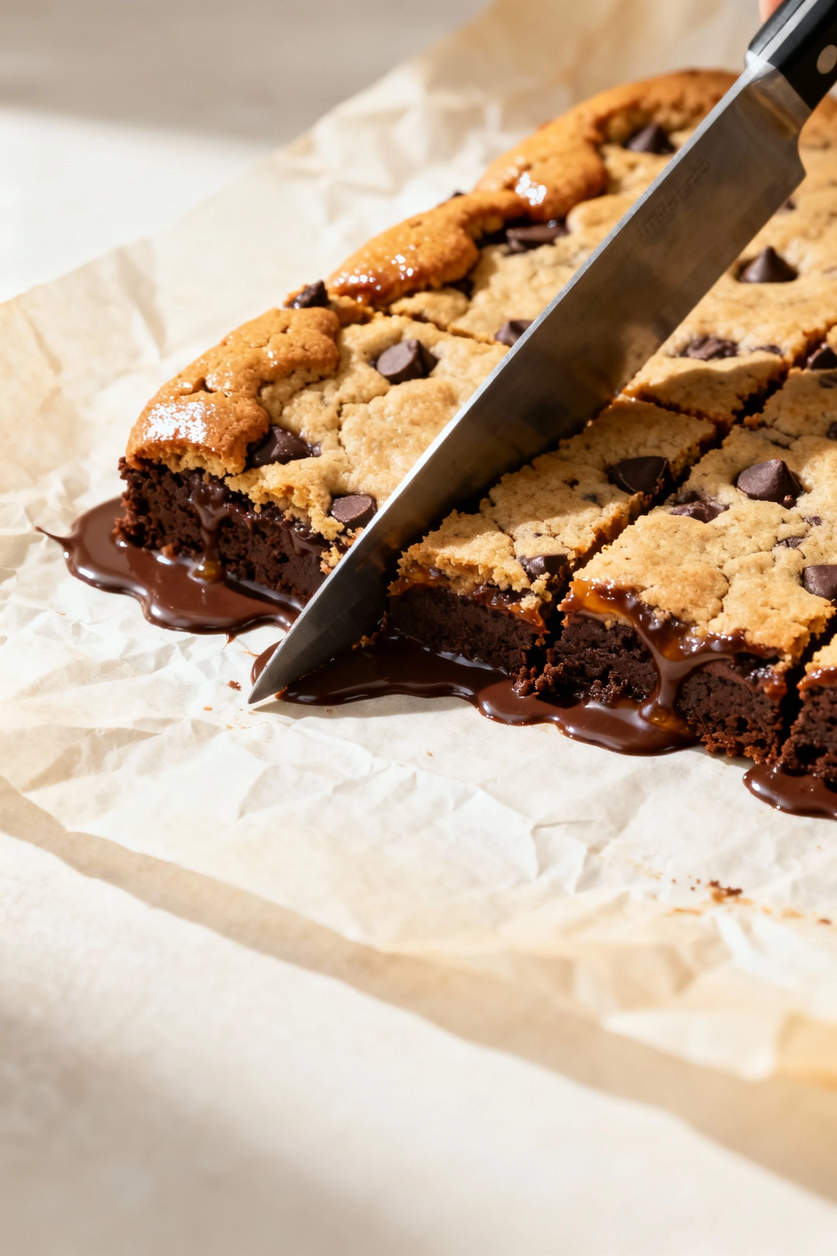 4. Angled three-quarter shot of the brookie slab on parchment being cleanly cut with a chef’s knife (no hands), melty ch