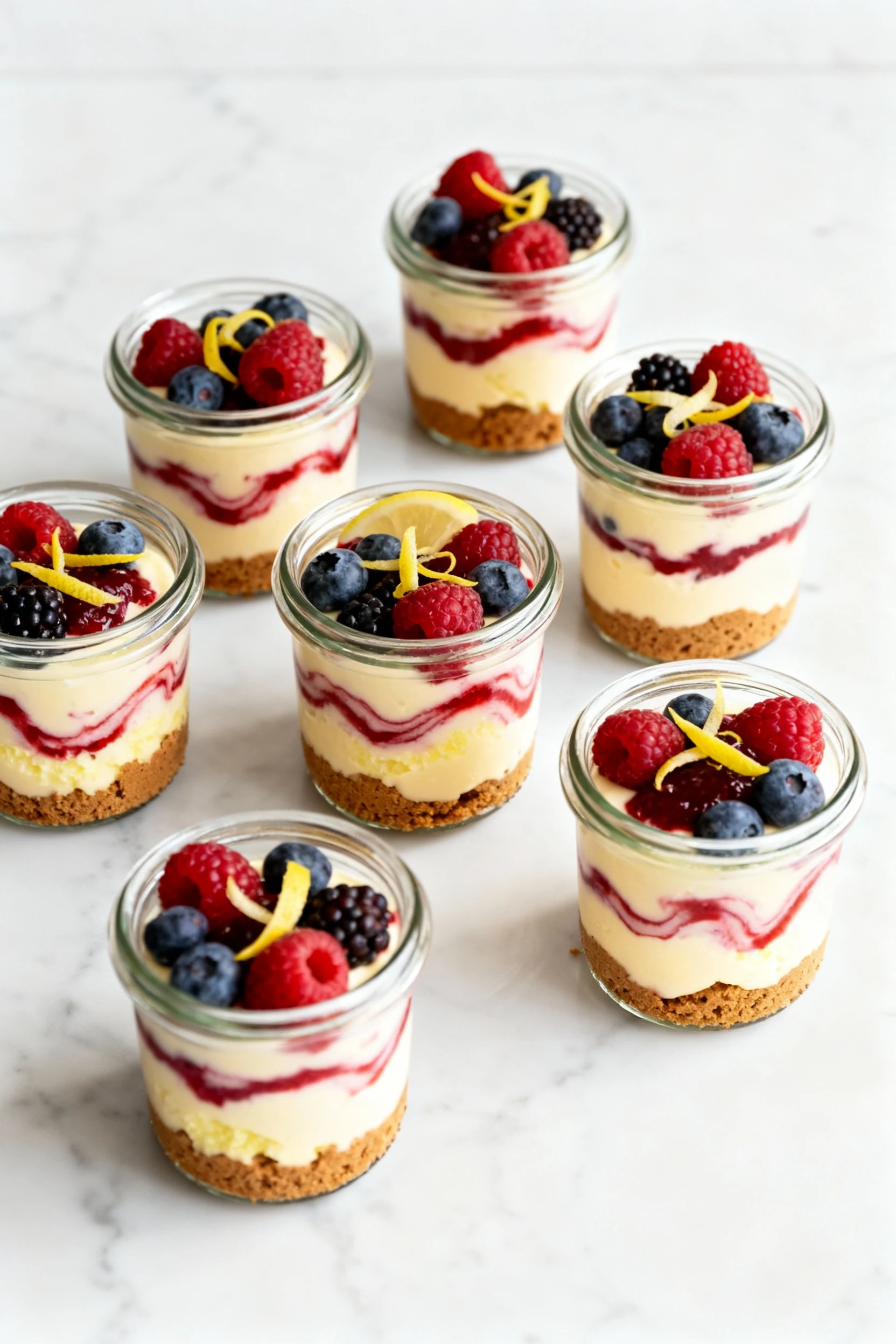 Overhead of six no-bake cheesecake cups in glass jars: neat graham/Biscoff crumb base, silky lemon-zested yogurt–cream c