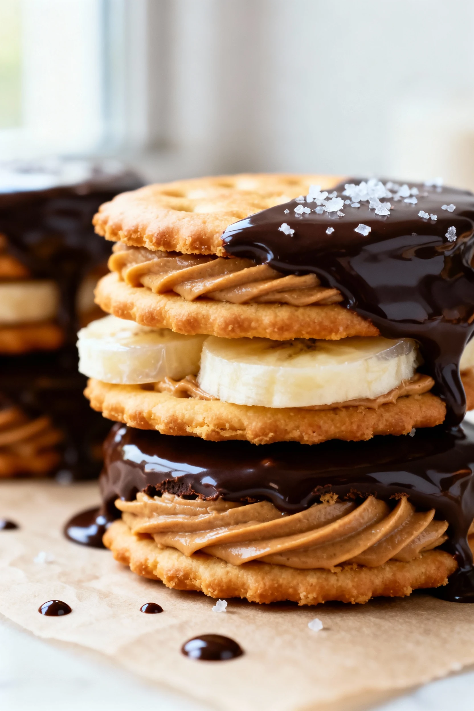 Macro of PB–Banana Dark Chocolate Stacks: Ritz sandwich with peanut butter and banana, half-dipped glossy dark chocolate