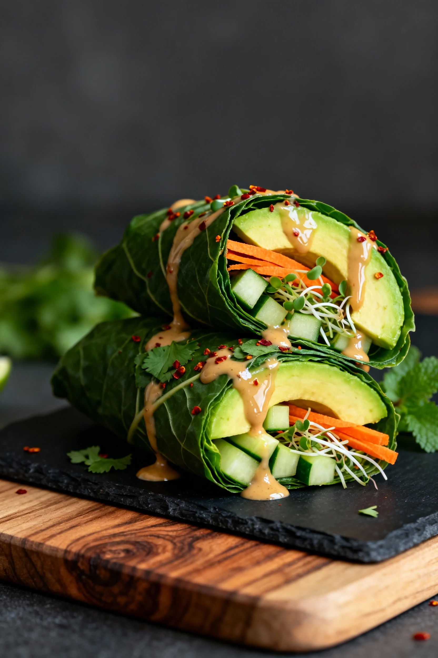 45-degree shot of Green Goddess collard wraps, sliced to reveal avocado, cucumber batons, carrot ribbons, sprouts, and h