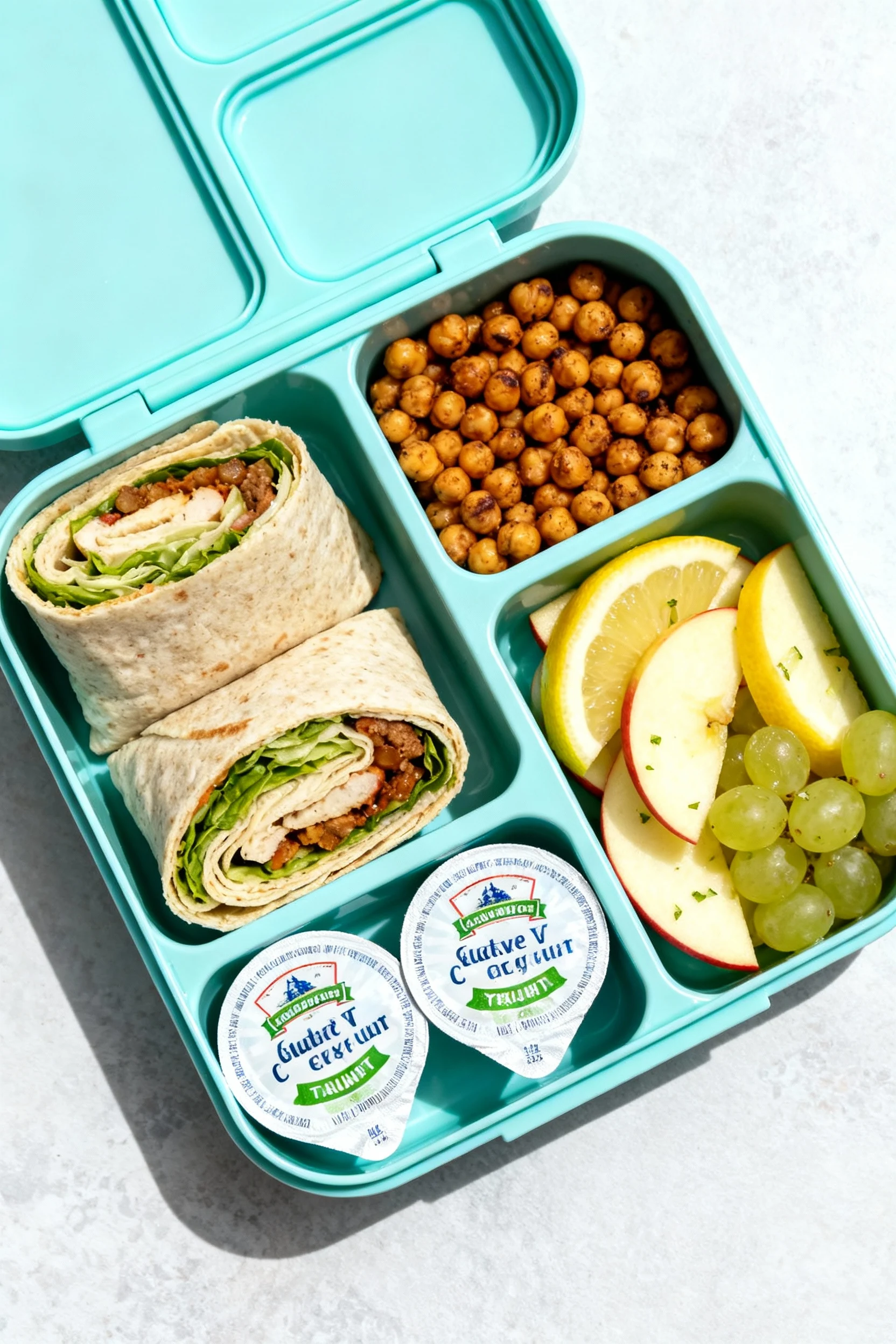 Overhead shot of the packed bento: wrap halves in one section, roasted chickpeas in a dry compartment, lemon-tossed appl