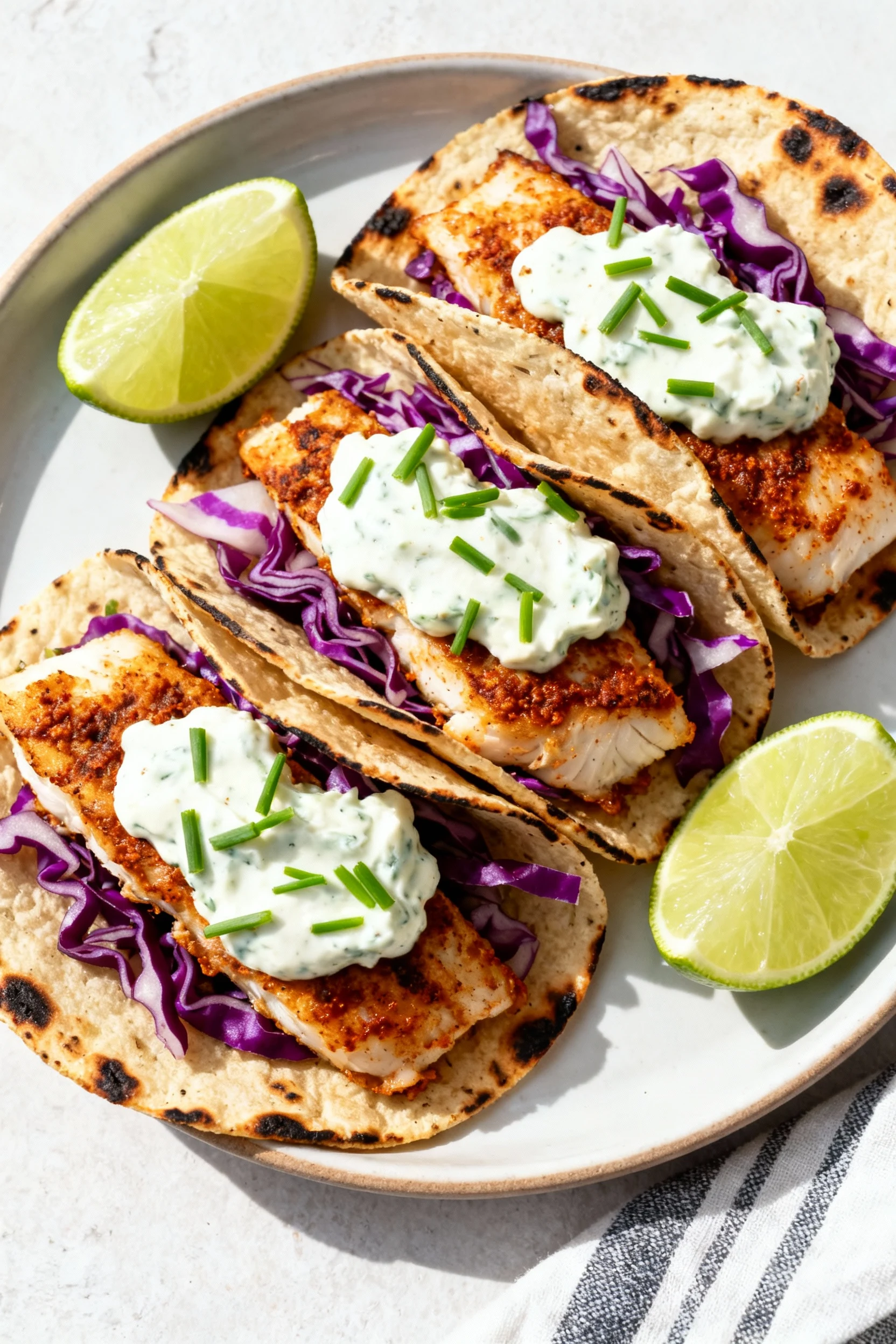 Overhead shot of fish tacos drizzled with chipotle–lime sour cream crema, charred tortillas, flaky fish, purple cabbage 