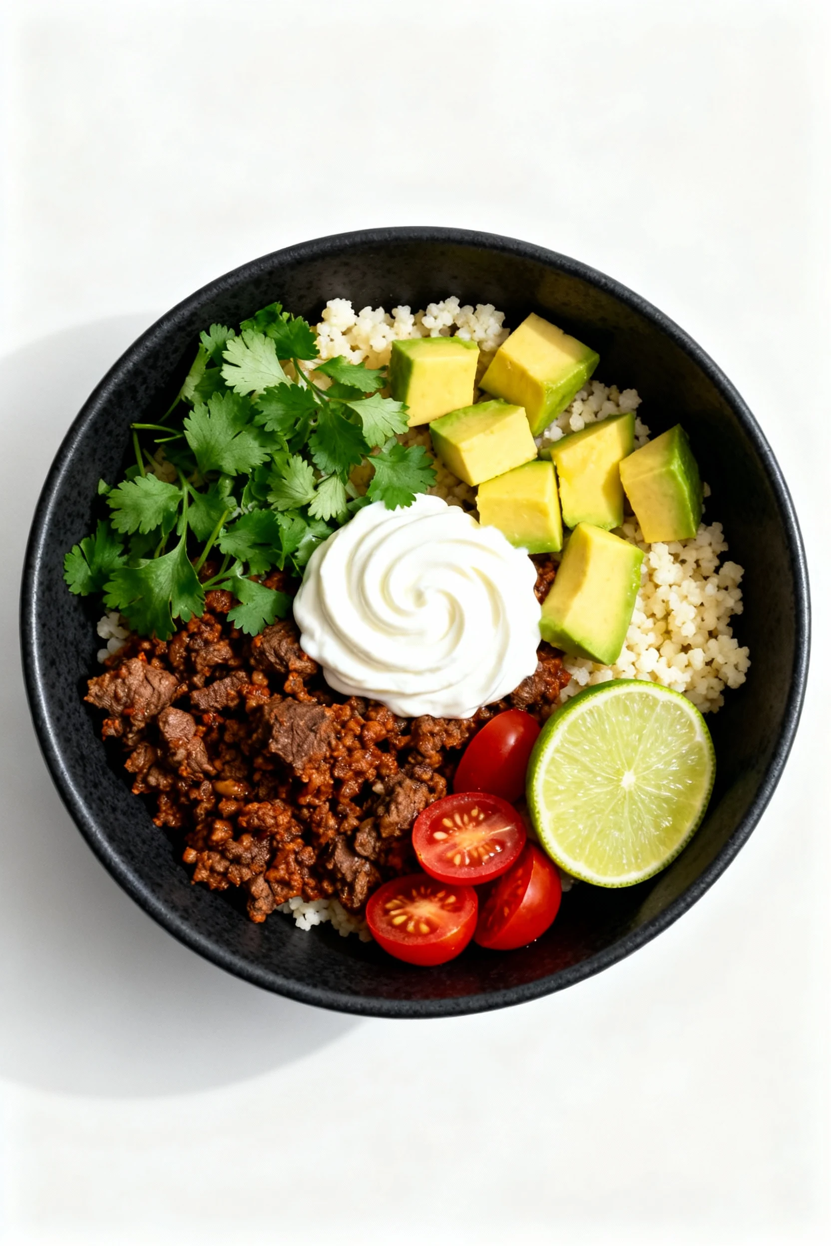 Top-down final bowl: keto taco bowl over cauliflower rice with rich spiced beef, diced avocado, a swirl of sour cream, c