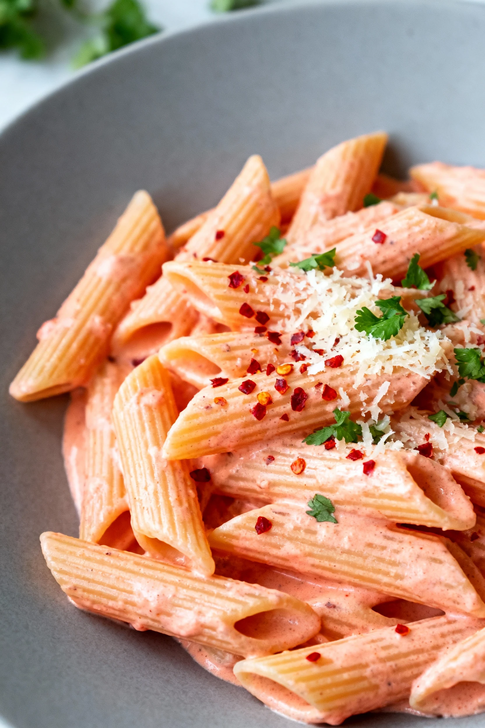 Tasty top view: penne alla vodka rosé—creamy orange-pink sauce clinging to ridges, red pepper flakes and grated Parmesan