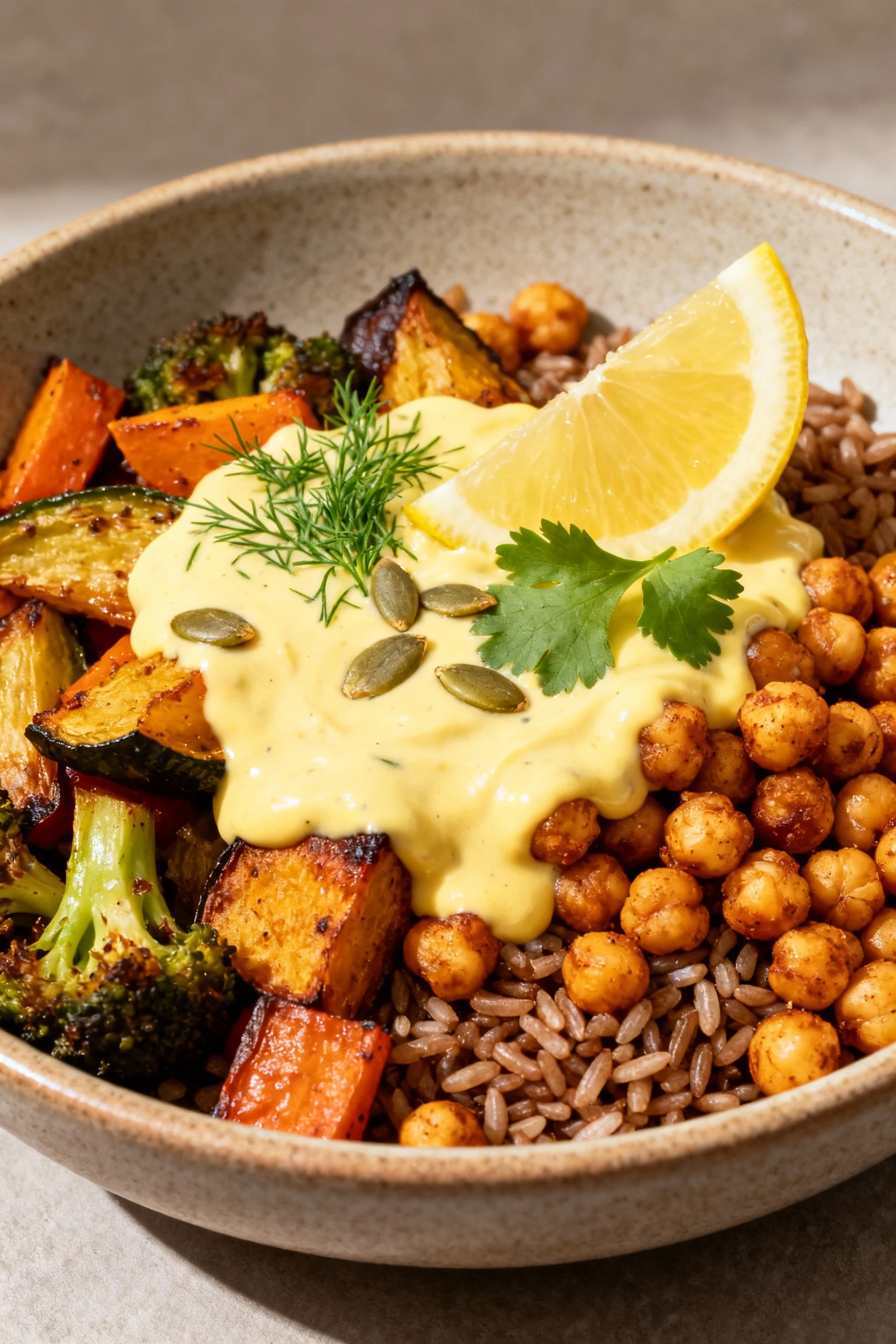 4. Final hero bowl: roasted veggies and crispy chickpeas over brown rice with generous lemony tahini drizzle, lemon wedg
