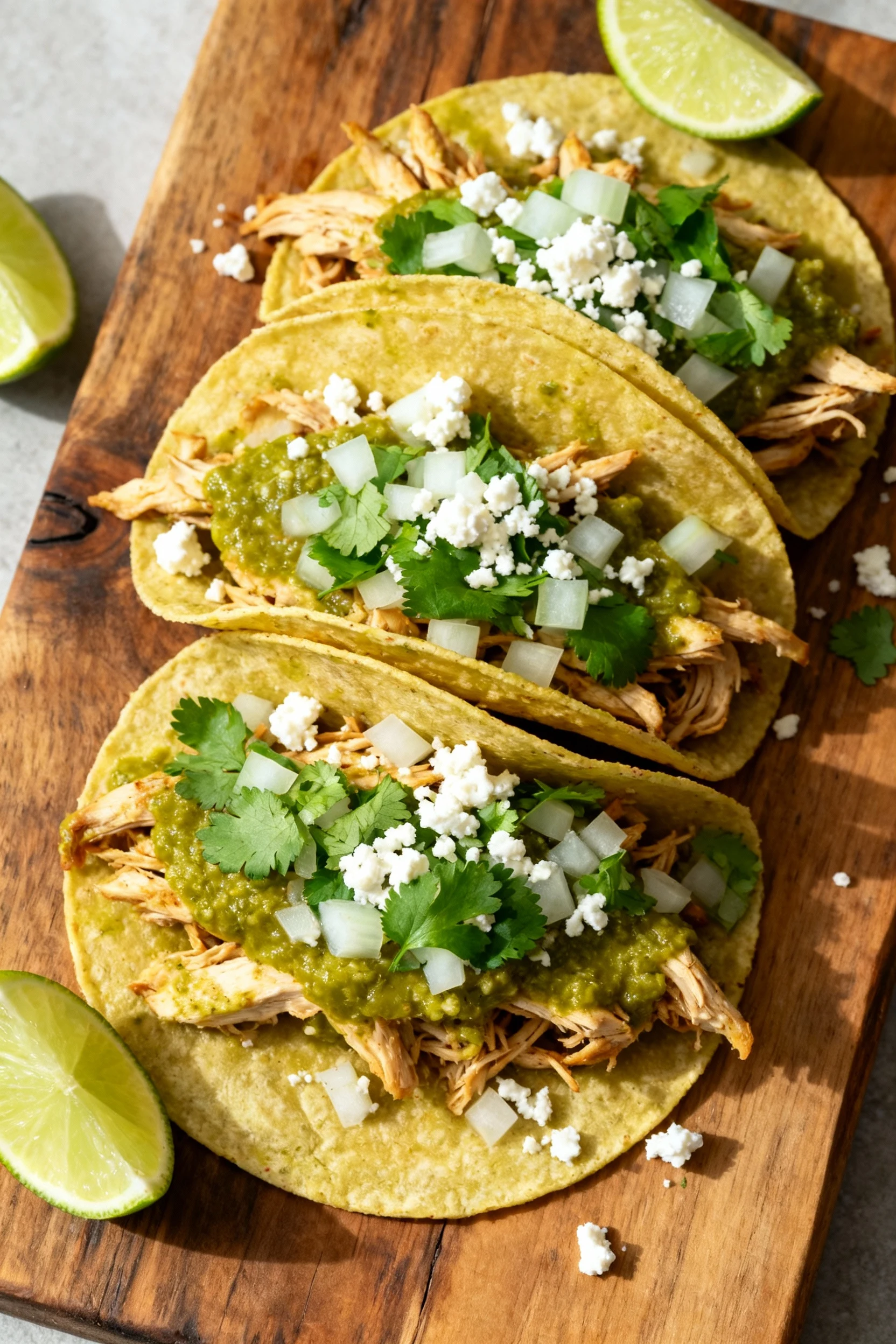 Tasty top view of Salsa Verde tacos: tortillas filled with shredded chicken bathed in salsa verde, topped with diced oni