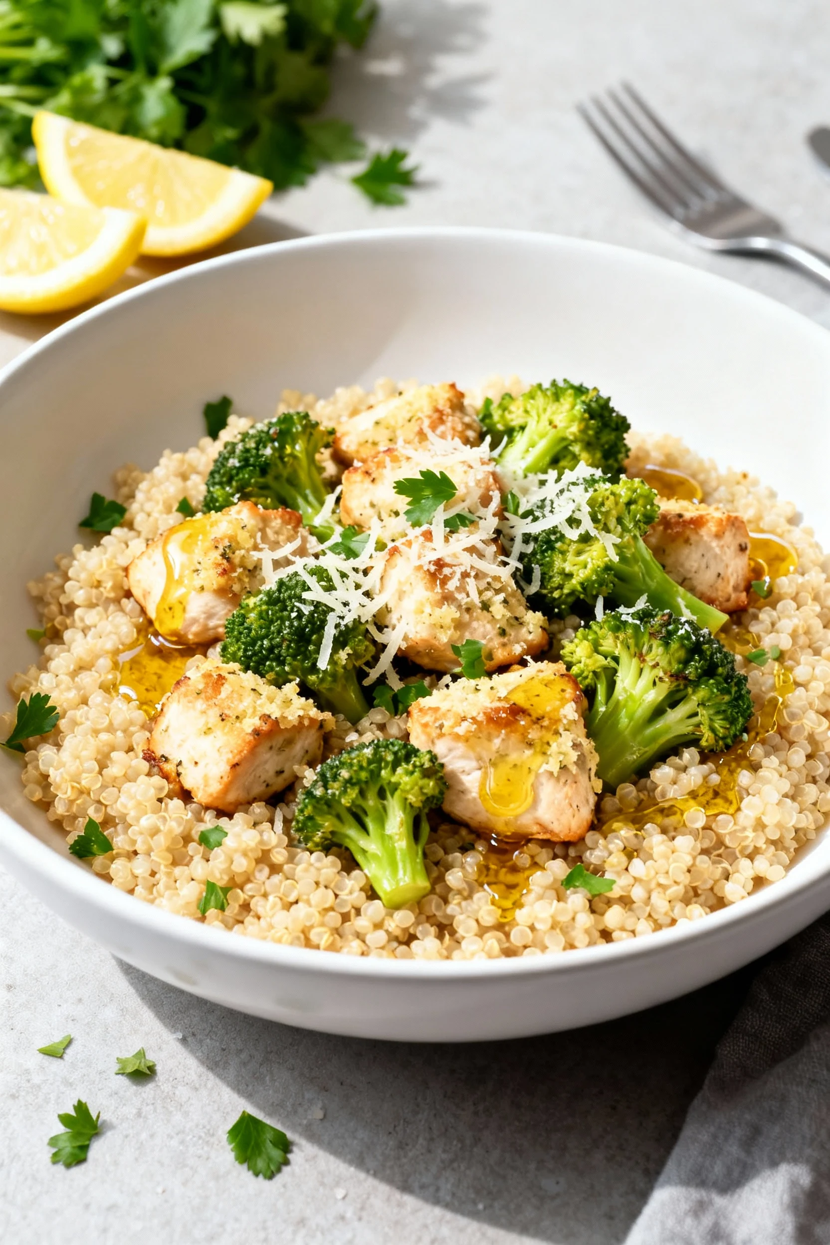 Beautifully plated garlic-Parmesan chicken bites with broccoli in a wide white bowl over fluffy quinoa, drizzle of good 