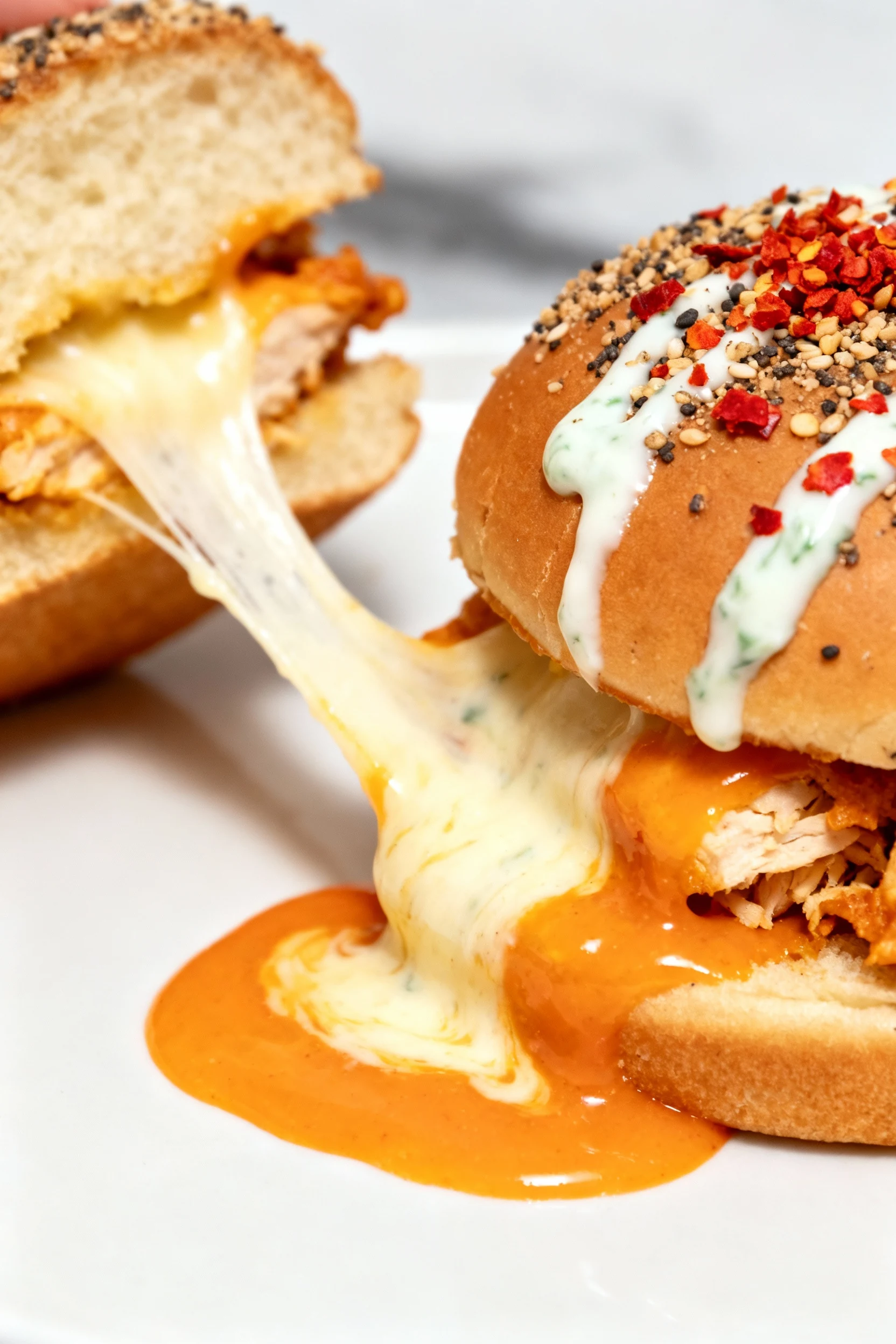 Pull-apart close-up: buffalo chicken slider slightly separated from the slab with gooey mozzarella cheese stretch, orang