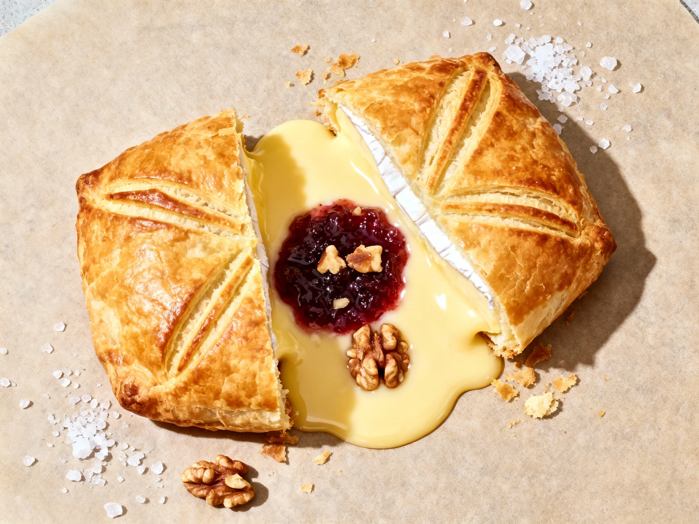 Food photography, Overhead shot of brie en croûte sliced open—flaky golden puff pastry with decorative scoring, molten b