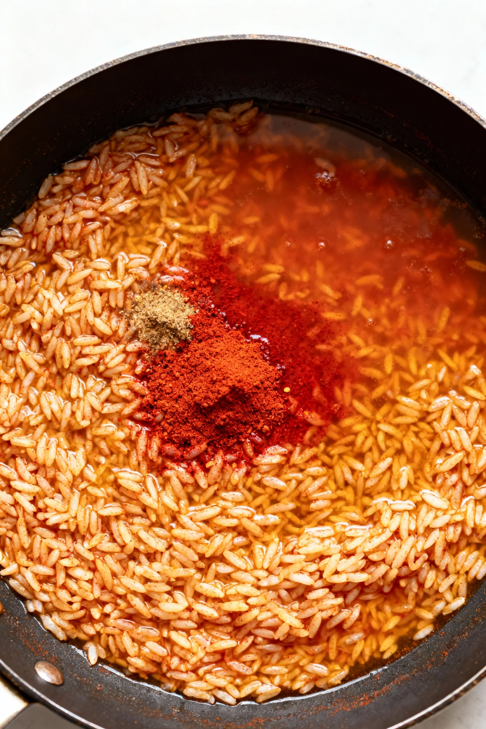 4. Simmering stage: top-down view of rice absorbing low-sodium broth, warm red-gold hue from paprika and cayenne, minima
