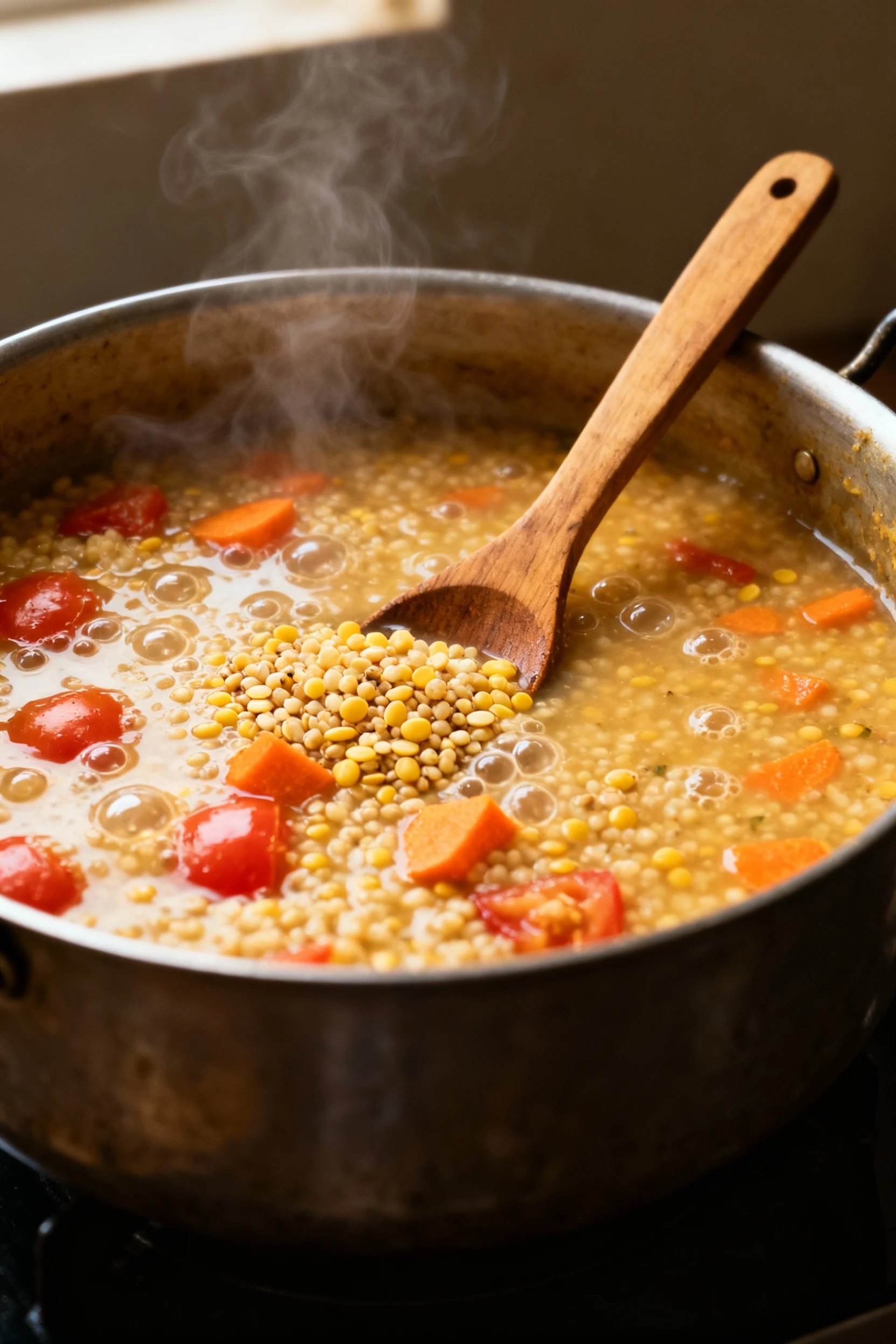 4. Khichdi simmering in a heavy pot, porridge-like bubbles with dal and millet, visible tomato and carrot; wooden ladle 