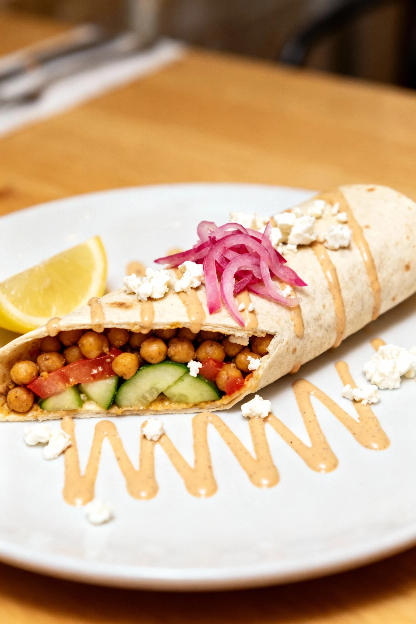 Final plated Mediterranean chickpea wrap on a white plate, cut on the bias, garlic–tahini drizzle, feta crumbles, pickle