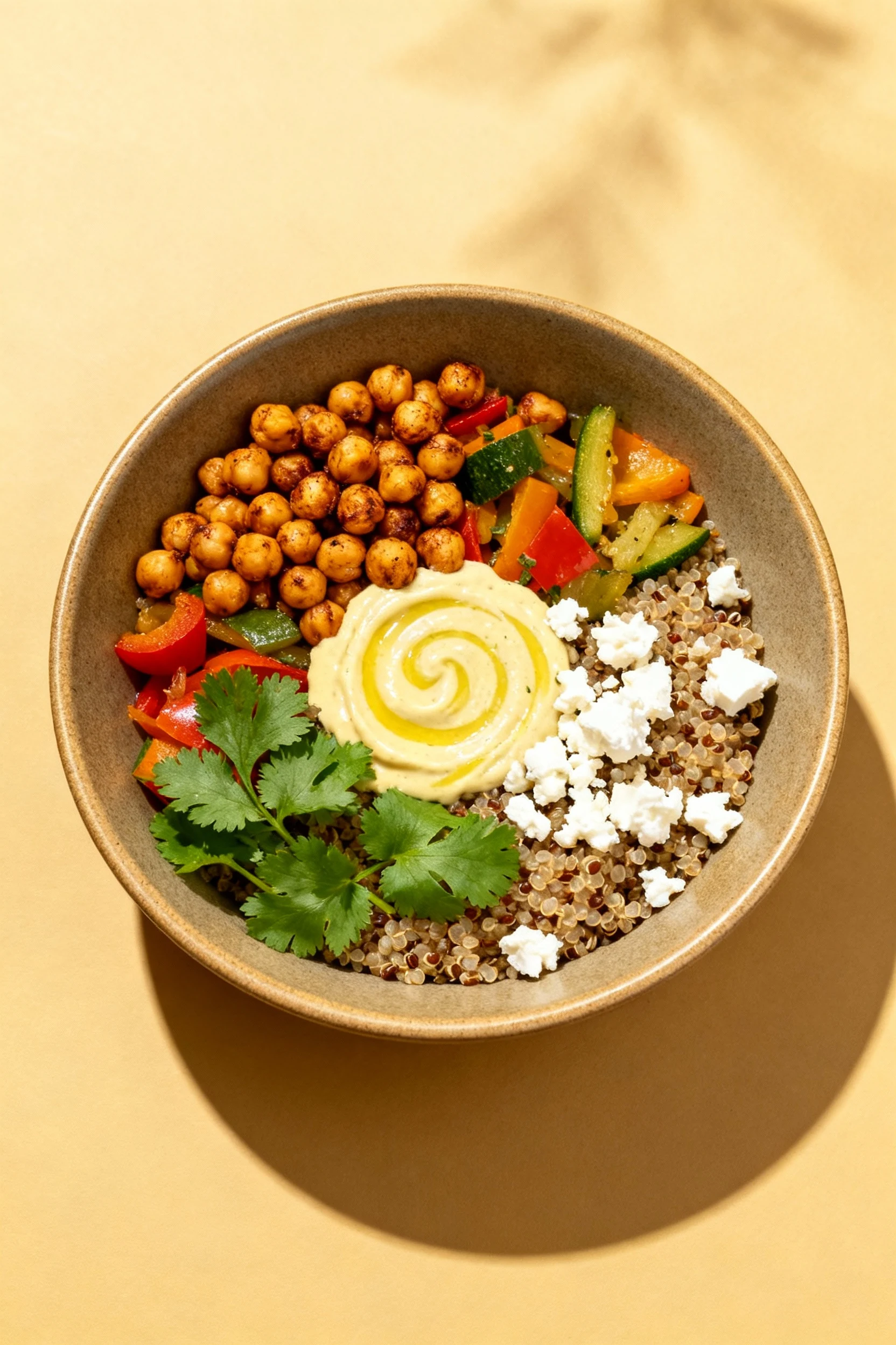 4. Tasty top view: power bowl over warm quinoa base, layered with roasted chickpeas and colorful veg, creamy lemon-tahin