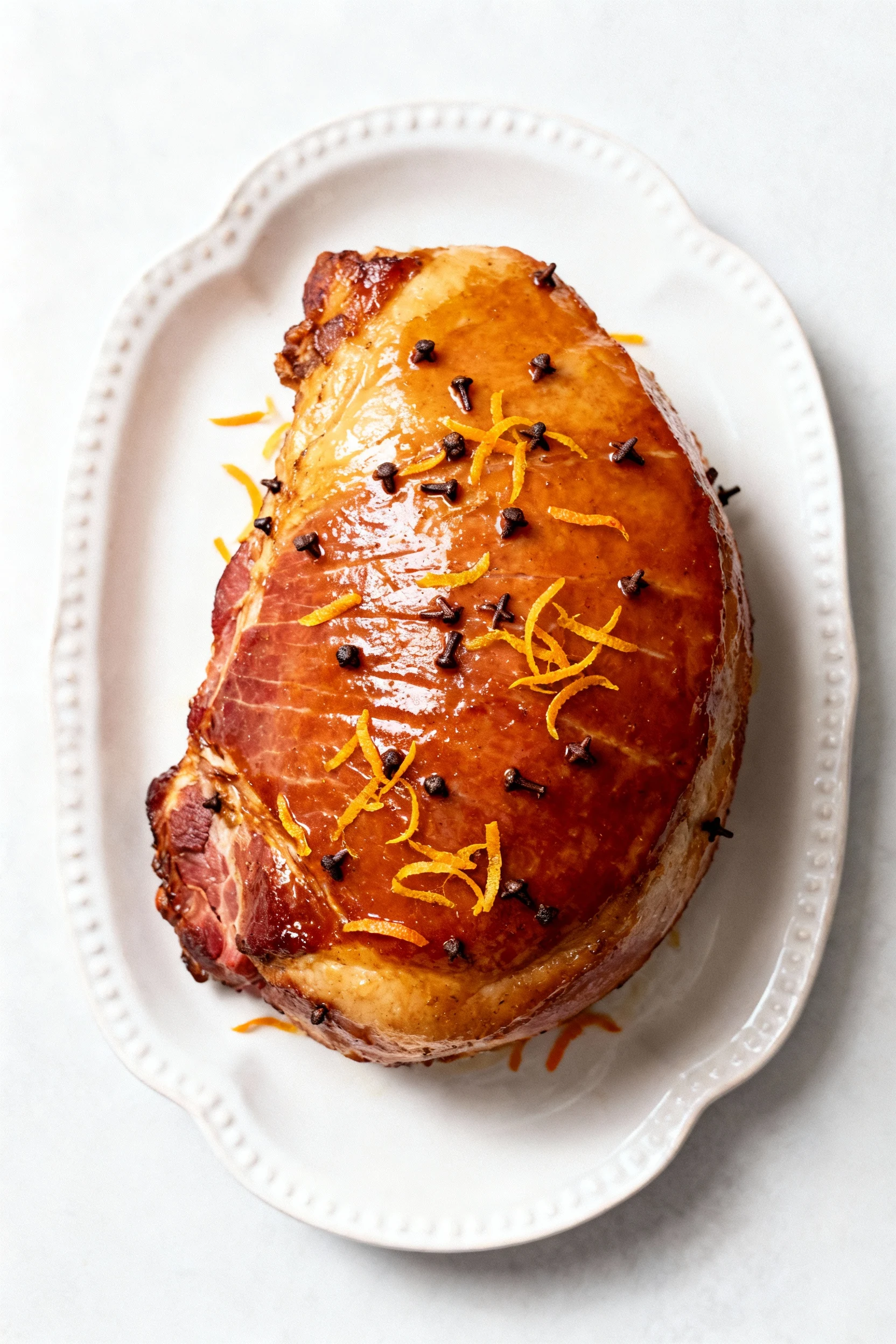 Overhead shot of pineapple–brown sugar glazed ham studded with whole cloves, deep amber sheen with orange zest, appetizi