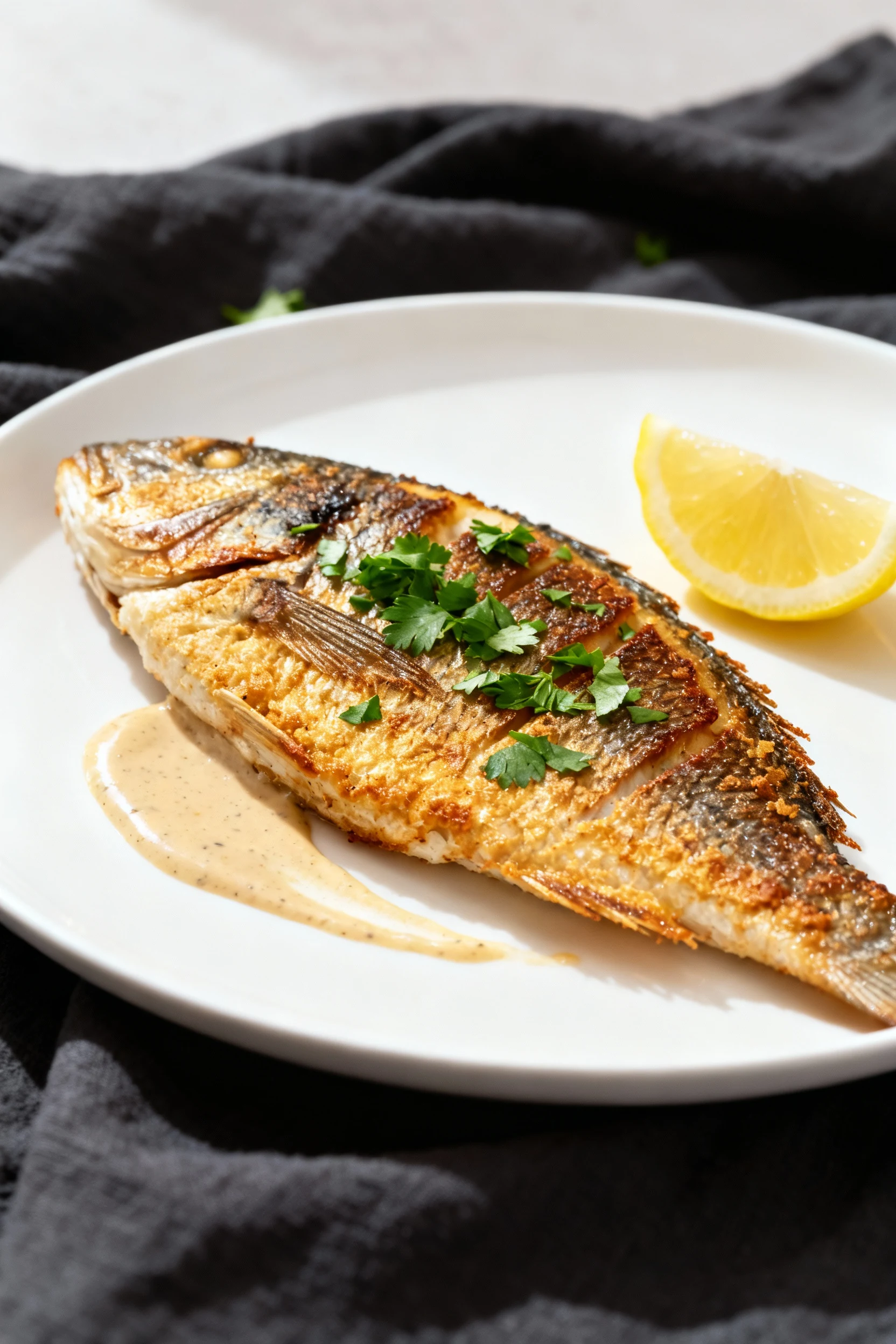 Restaurant plate of crispy-skin sea bass, skin-side up with sauce spooned around (not on) the crust, sprinkle of chopped