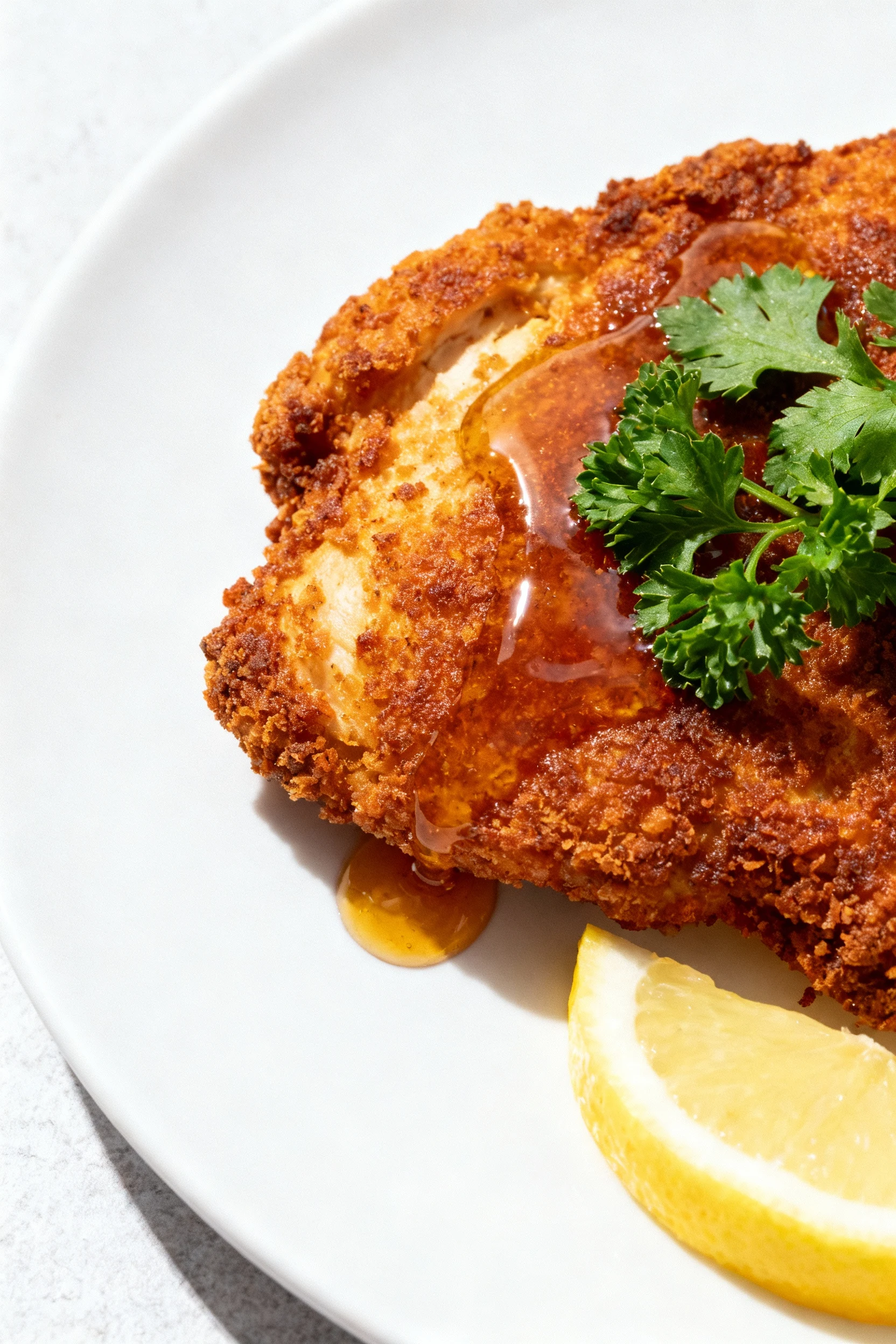 Beautifully plated breaded chicken with hot honey drizzle and parsley on a white plate, deep golden crust and lemon wedg
