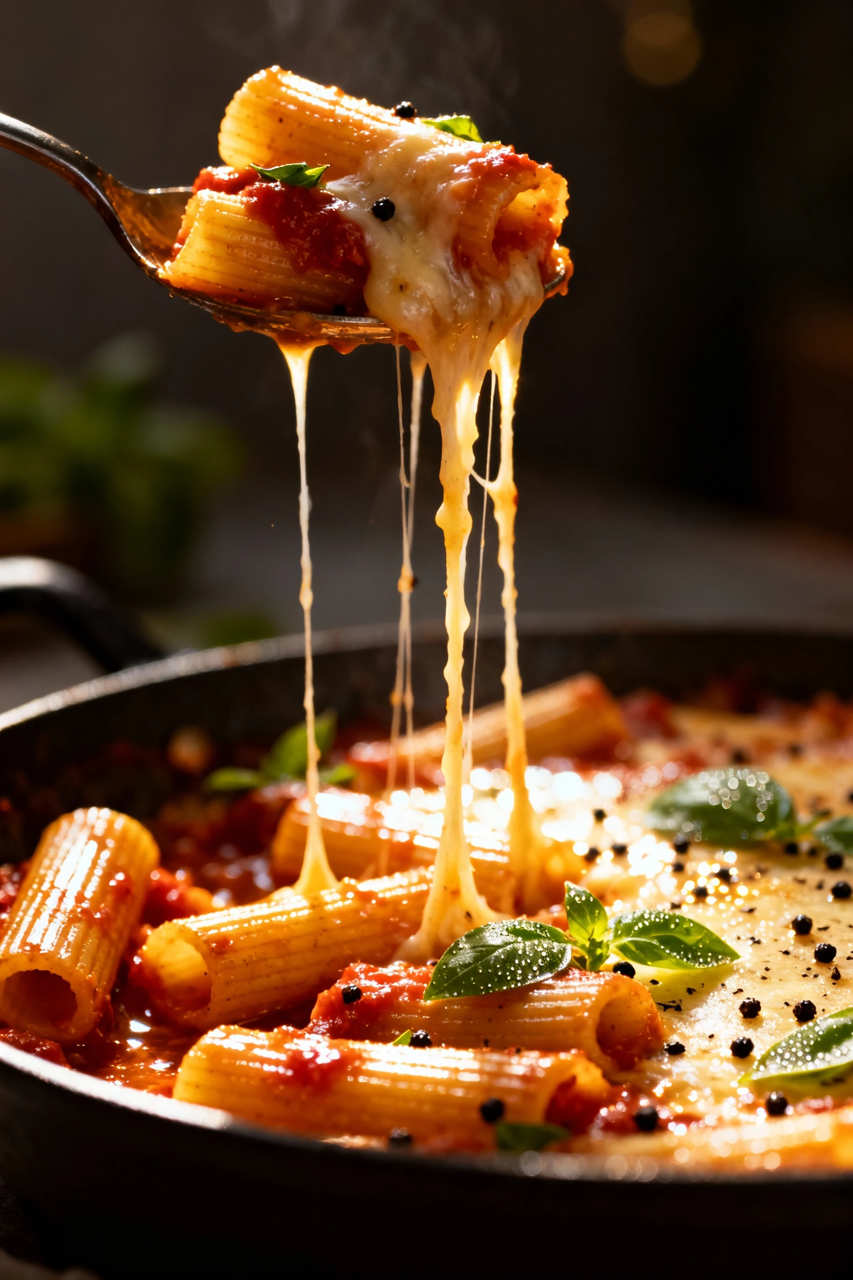 Cheese-pull moment: a serving lifted from the pan with a serving spoon, long melted mozzarella strands stretching, ziti 