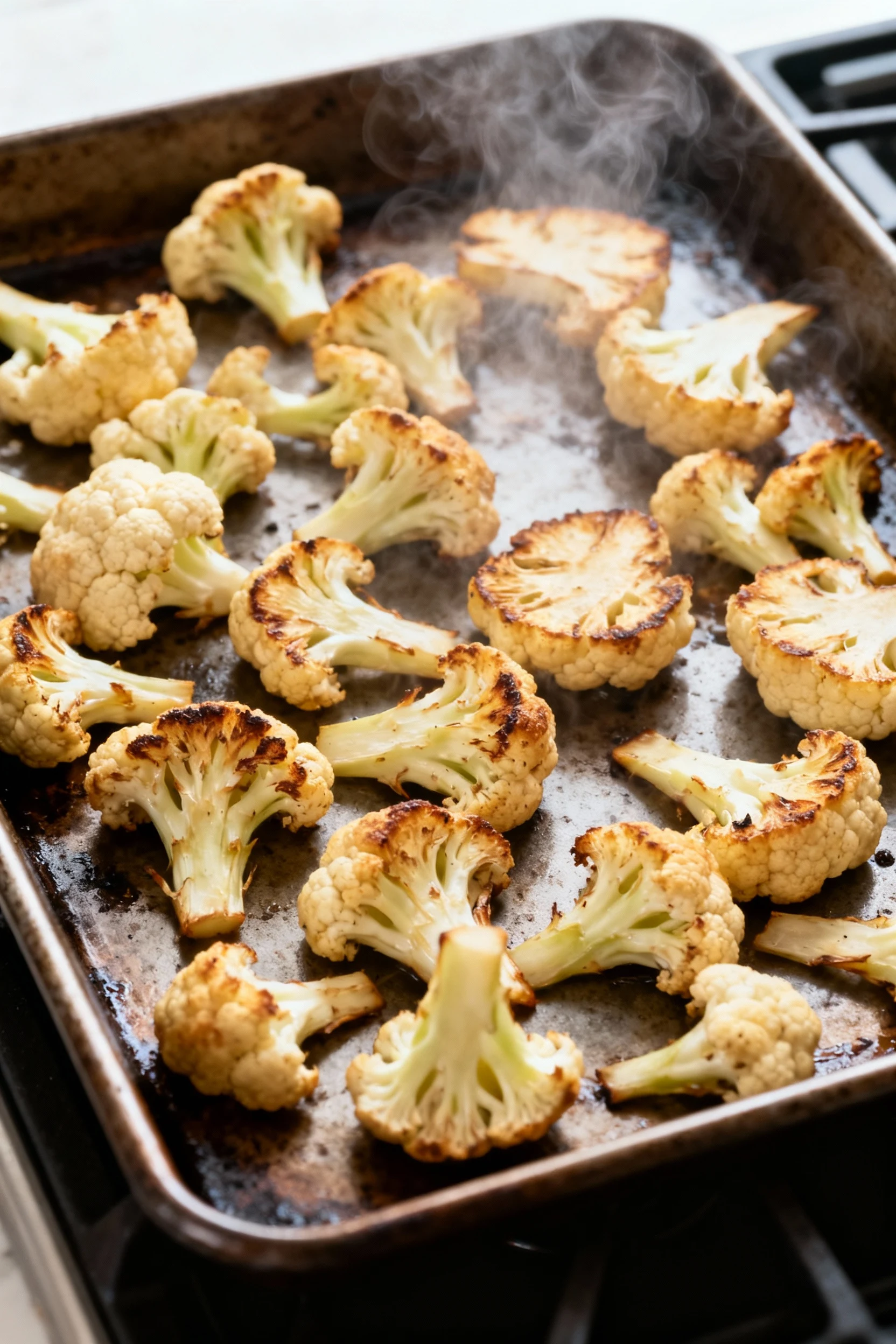 4. Process shot: mid-roast cauliflower florets spaced flat-side down on a hot heavy sheet pan, visible browning and stea