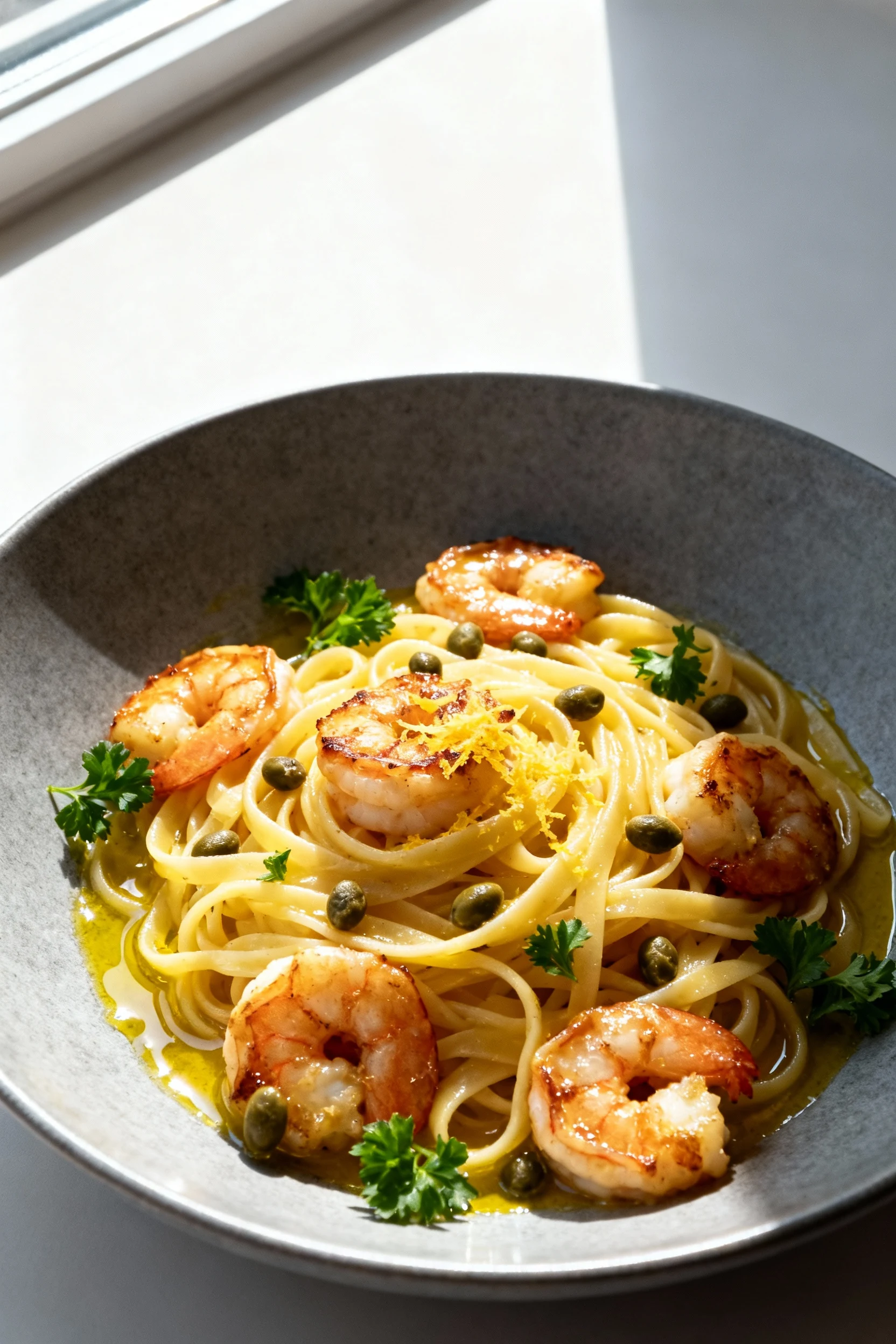 Restaurant-style presentation of lemon pasta with seared shrimp folded in, glossy emulsified sauce hugging the noodles,