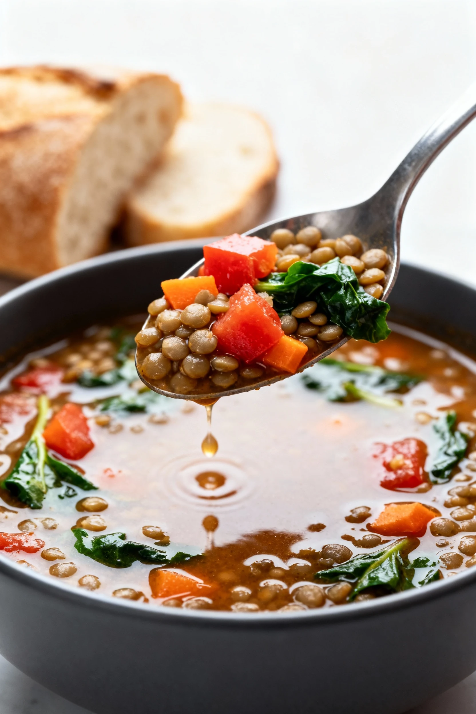45-degree close-up of hearty lentil and veg soup: spoon lifting tender lentils, diced tomatoes, carrots, and wilted spin