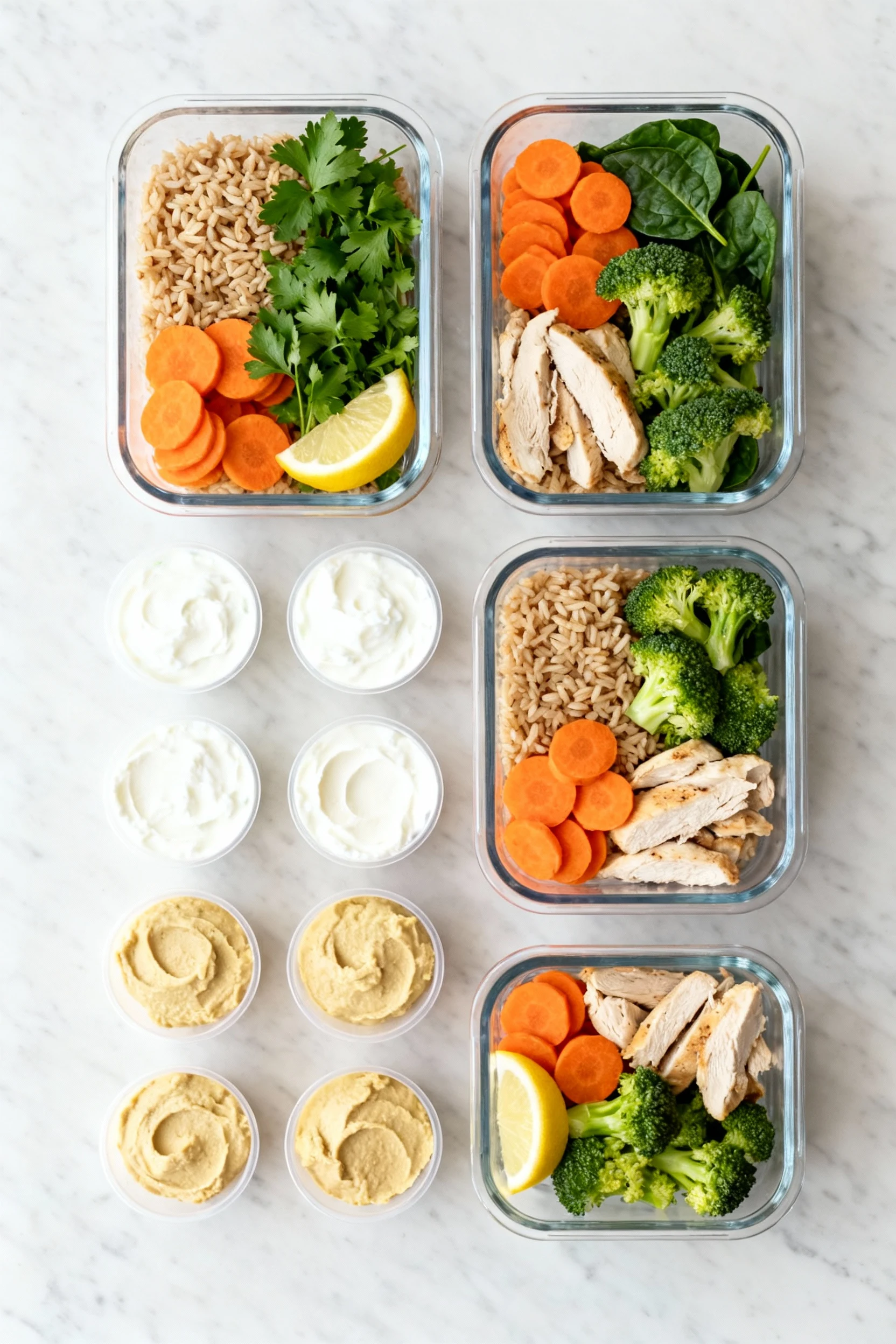 Overhead meal-prep spread: four airtight containers packed with the cooked bowl—brown rice, carrot coins, tender chicken