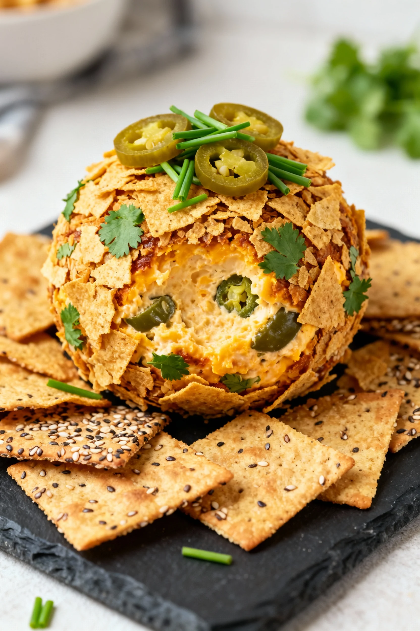 Final dish: smoky jalapeño cheddar cheeseball coated in crushed tortilla chips + cilantro, garnished with extra chives a