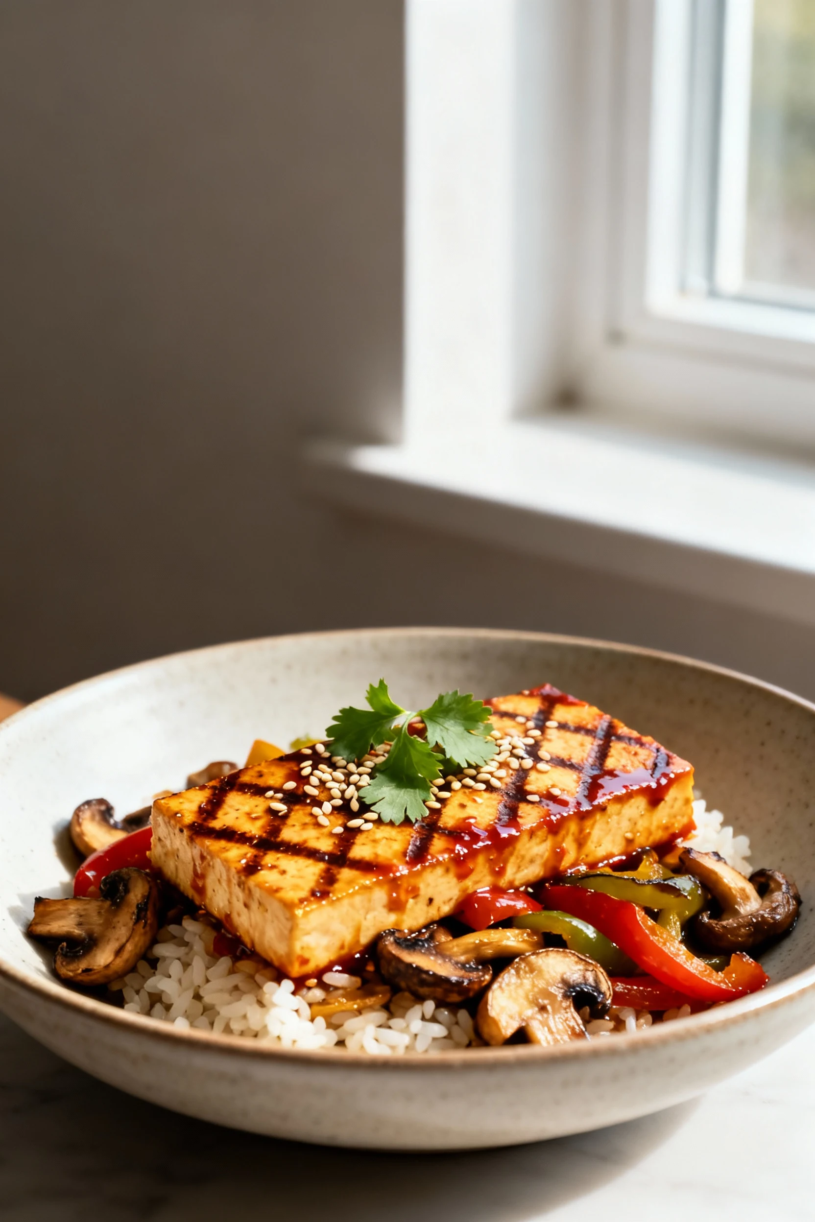 Final dish: Korean-inspired grilled tofu with gochujang–sesame glaze, crosshatched grill marks, sprinkled with sesame se