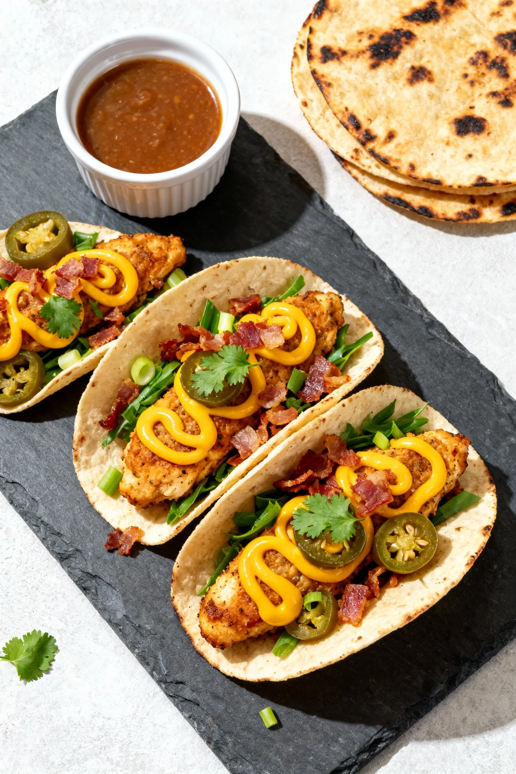 Top-down street-style tacos filled with jalapeño popper chicken, melty cheddar swirls, crispy bacon bits, green onion gr