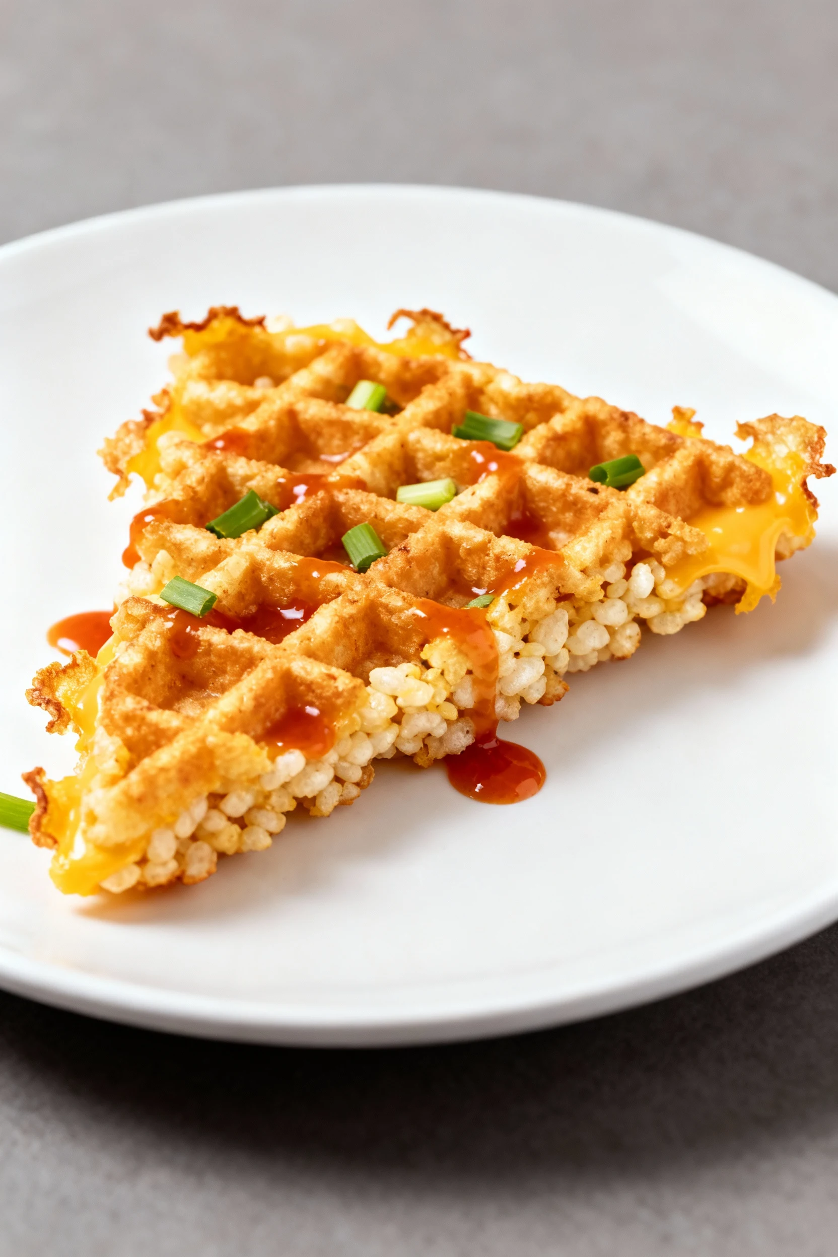 Close-up detail: Cheesy Rice Waffle quarter, deeply golden and craggy with frico cheese edges and scallion flecks, light