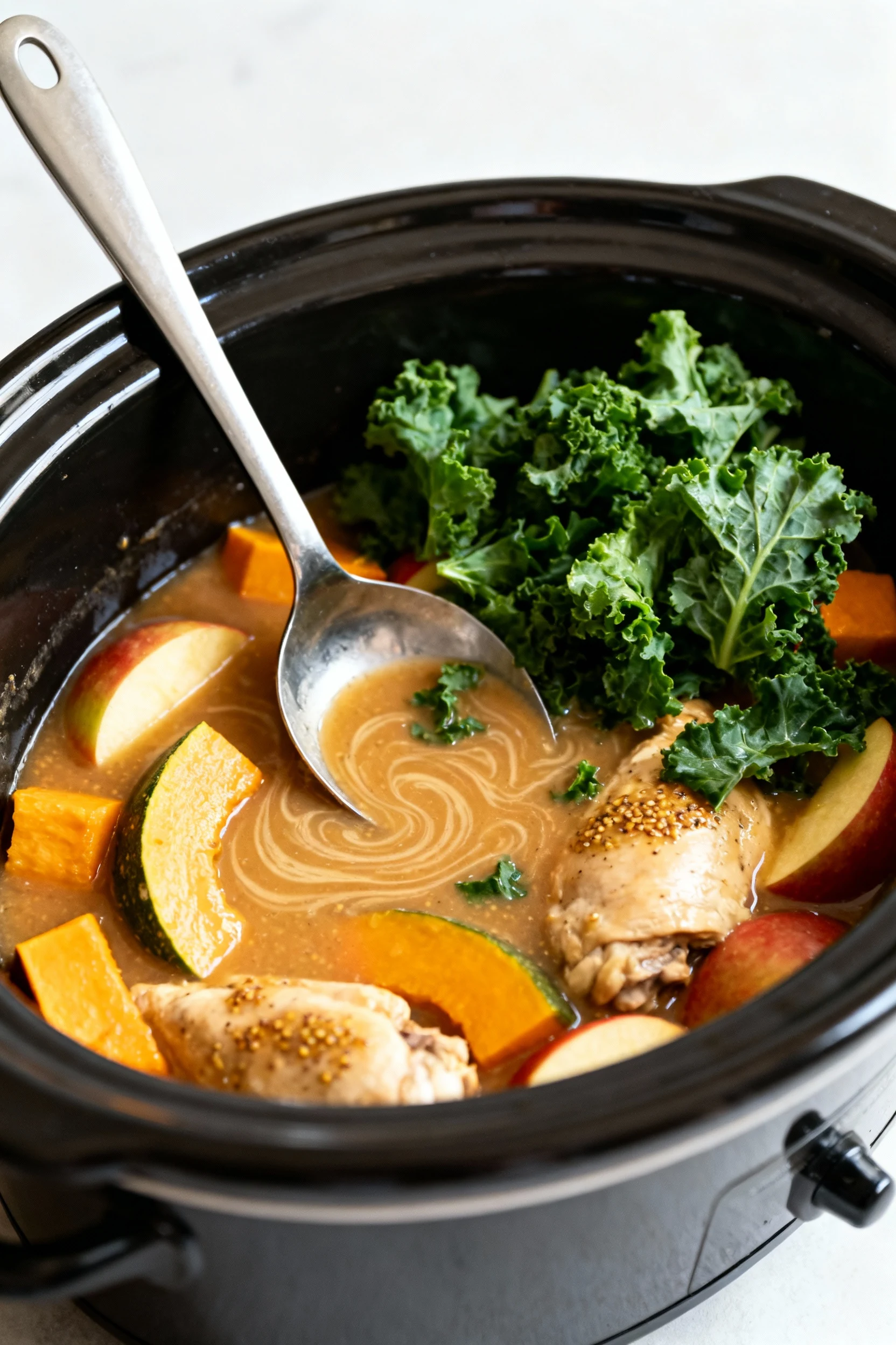 Three-quarter process shot: cornstarch-thickened maple-Dijon cider sauce swirling around chicken, squash, and apples in 