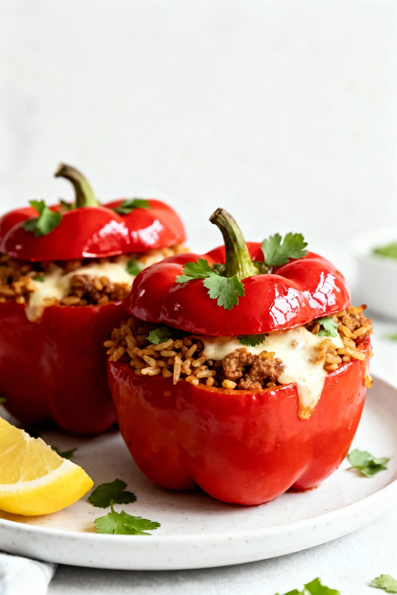 4. Stuffed red bell peppers filled with turkey-and-brown-rice mixture, baked with lightly melted cheese; glossy tops, ci