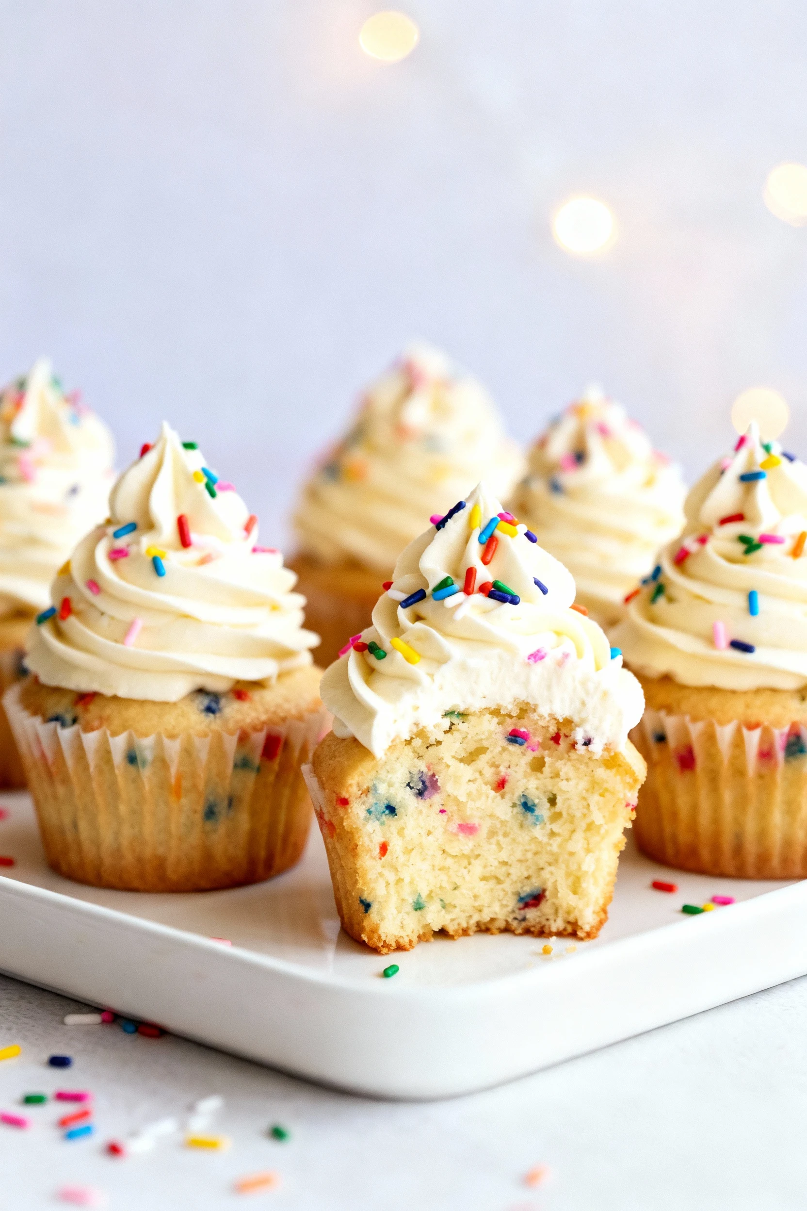 Final dish: Vanilla Birthday funfetti cupcakes with tall vanilla buttercream swirls and rainbow sprinkles; one halved to