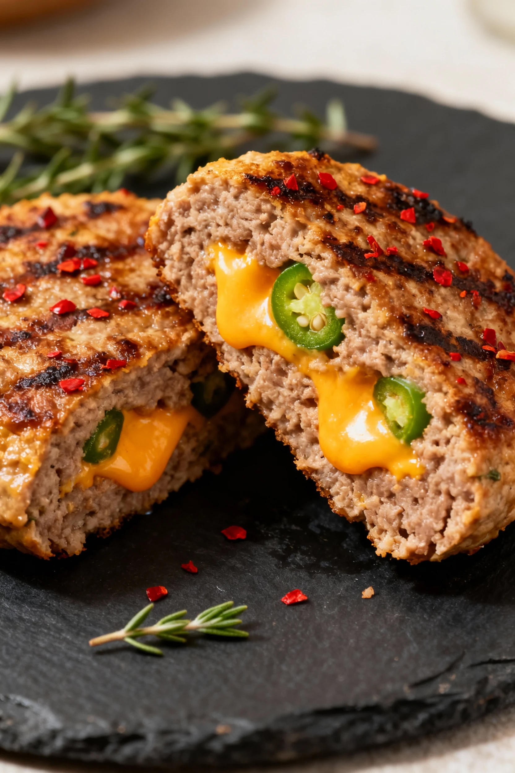 Close-up detail of jalapeño cheddar sausage patty sliced open to reveal juicy interior, melted cheddar pockets and green