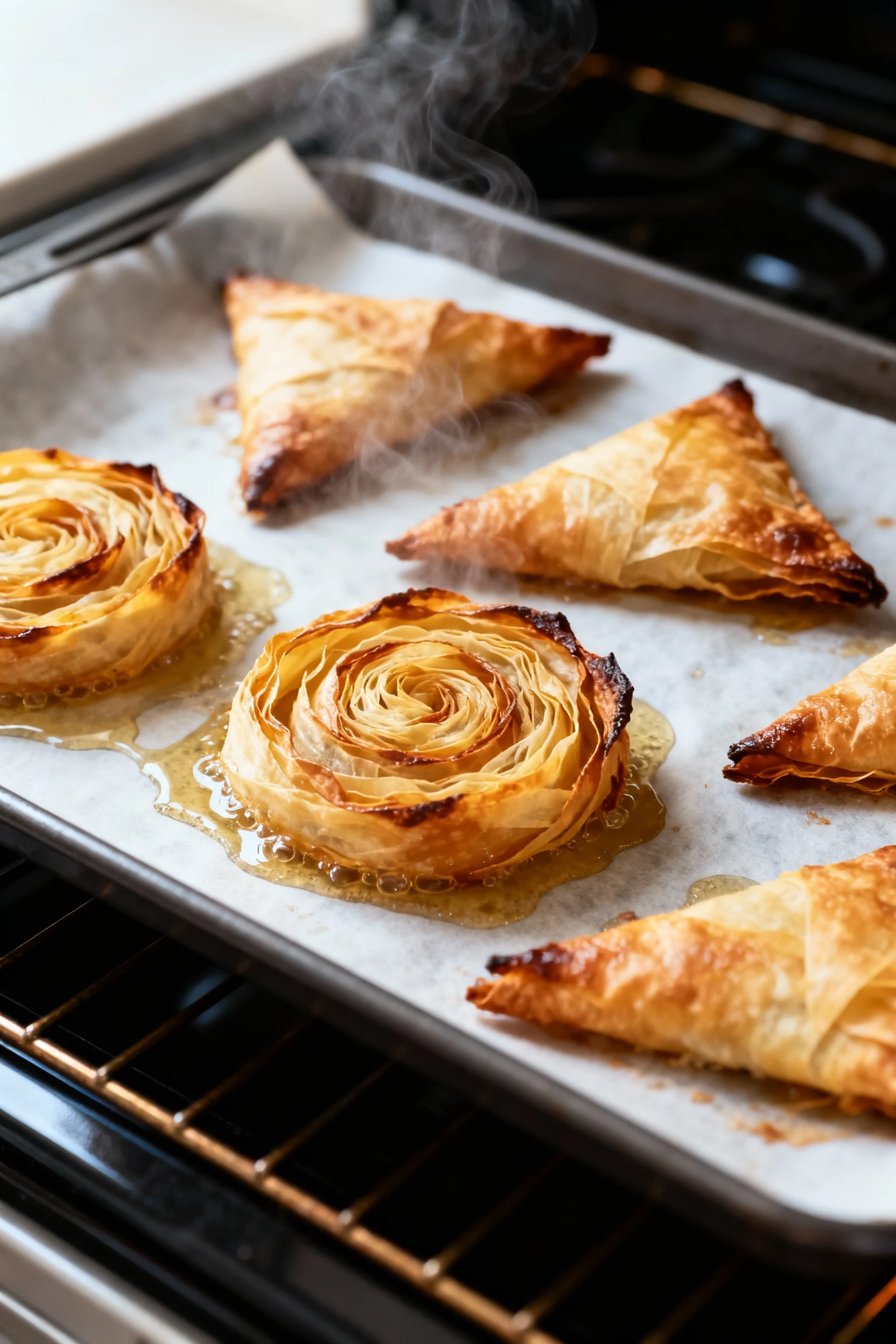 Cooking process in-oven shot: phyllo spirals and triangles baking at 375°F on a parchment-lined tray, fat visibly sizzli