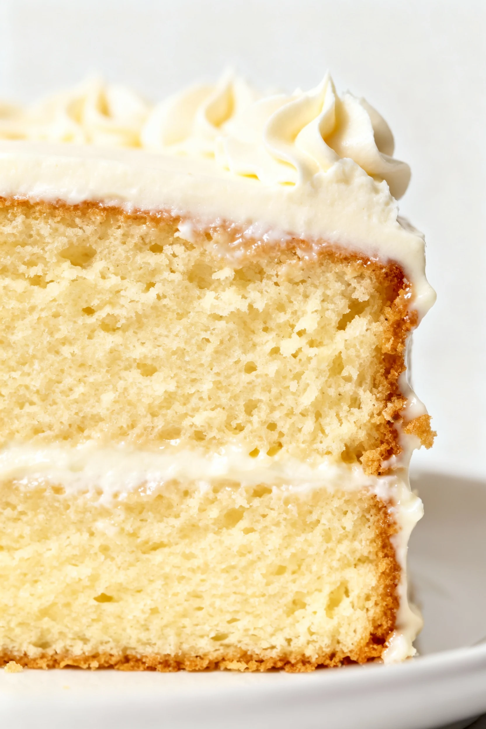 Extreme close-up of vanilla butter cake slice with vanilla buttercream; ultra-fine, even crumb from buttermilk and sour 