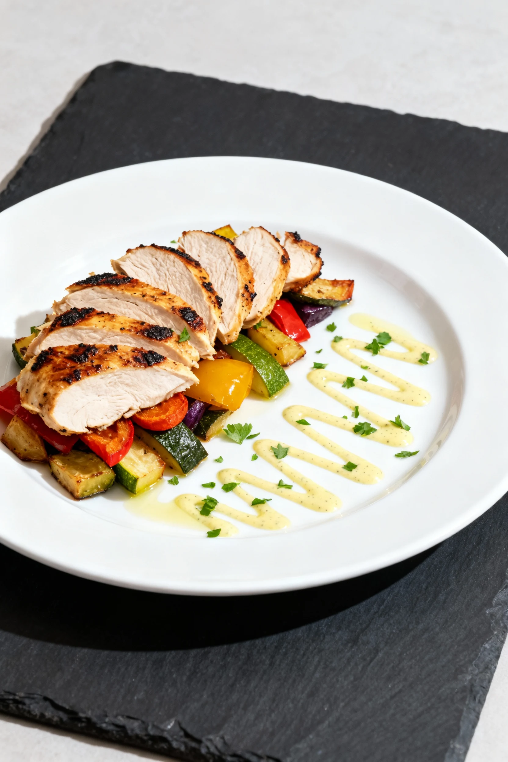 Restaurant-style plating: sliced roasted chicken with char-kissed edges fanned over a rainbow of roasted vegetables, ele