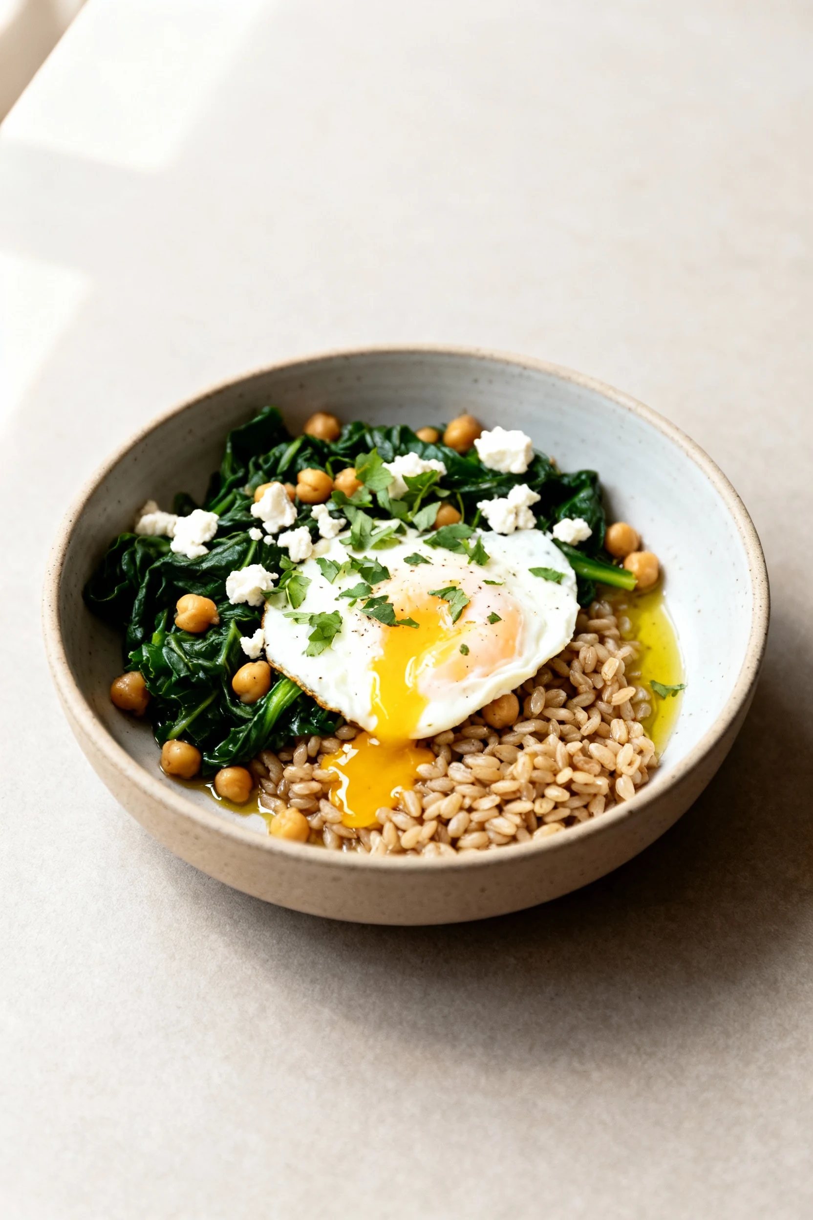 Final dish presentation: lemony Swiss chard and chickpeas spooned over farro, topped with a runny fried egg, extra herbs