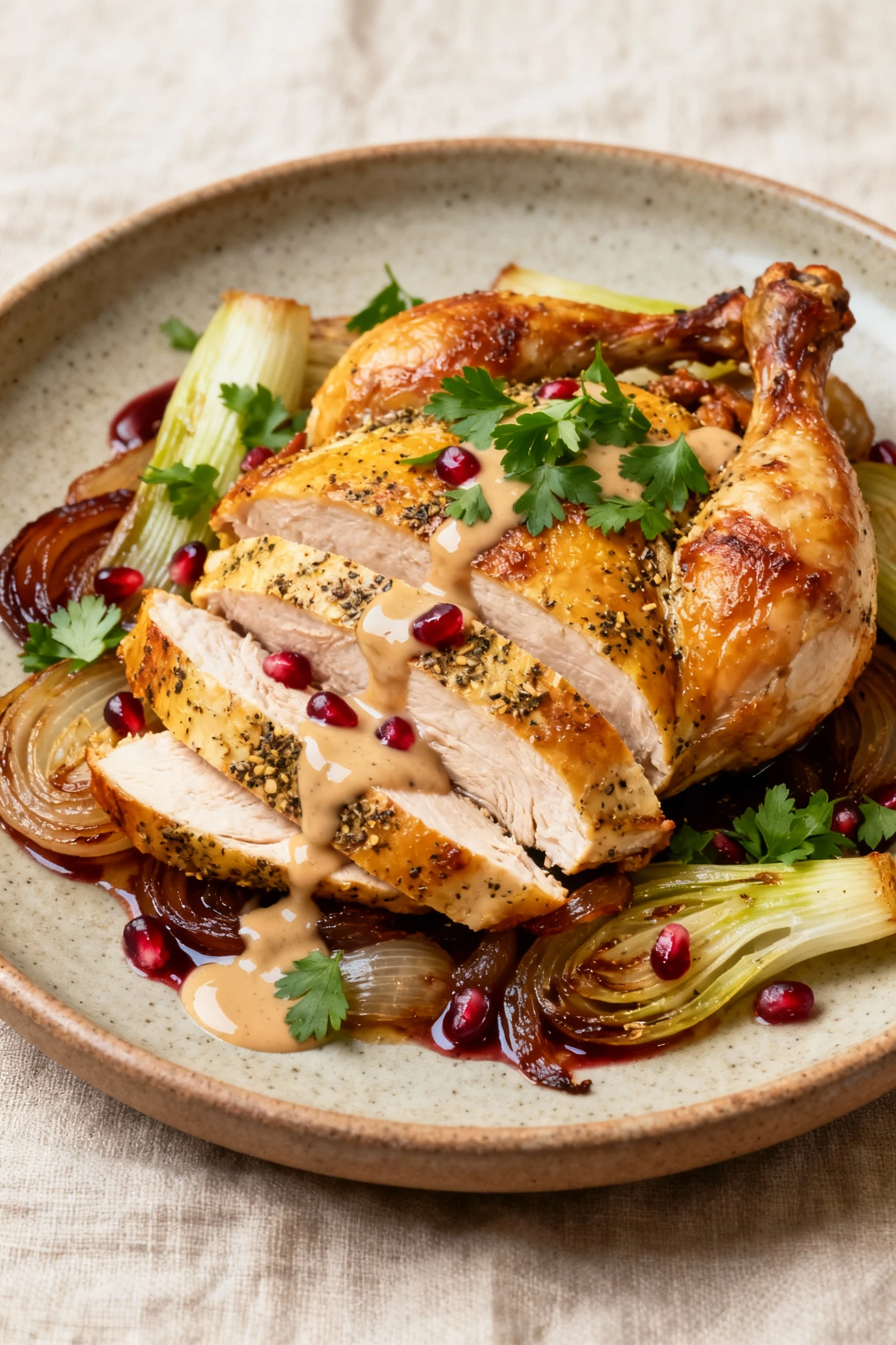 Final dish presentation: za’atar-citrus roast chicken, sliced breast with crisp skin and juicy meat over roasted fennel 