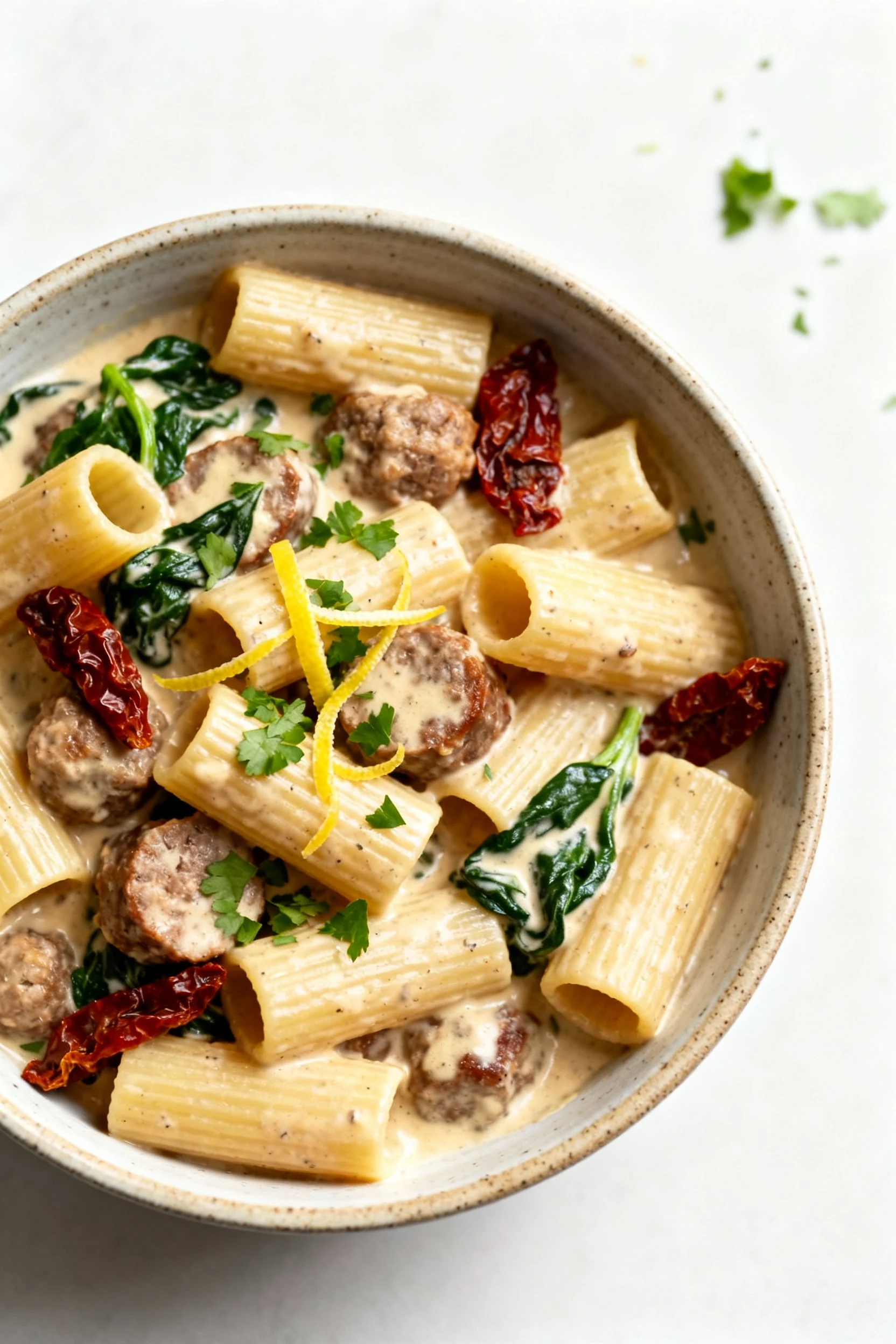 Overhead shot (Creamy Tuscan): rigatoni with sausage in silky cream sauce, sun-dried tomatoes and wilted spinach visible