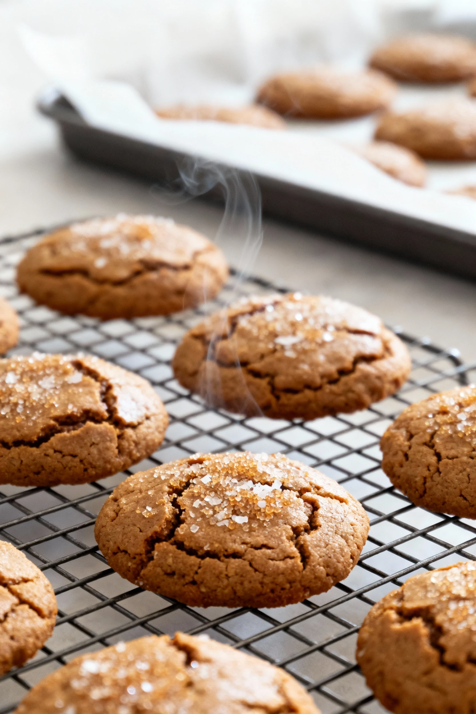Ginger Molasses Glow-Up cookies cooling on a wire rack right after baking; crackled tops sparkling with coconut sugar, f