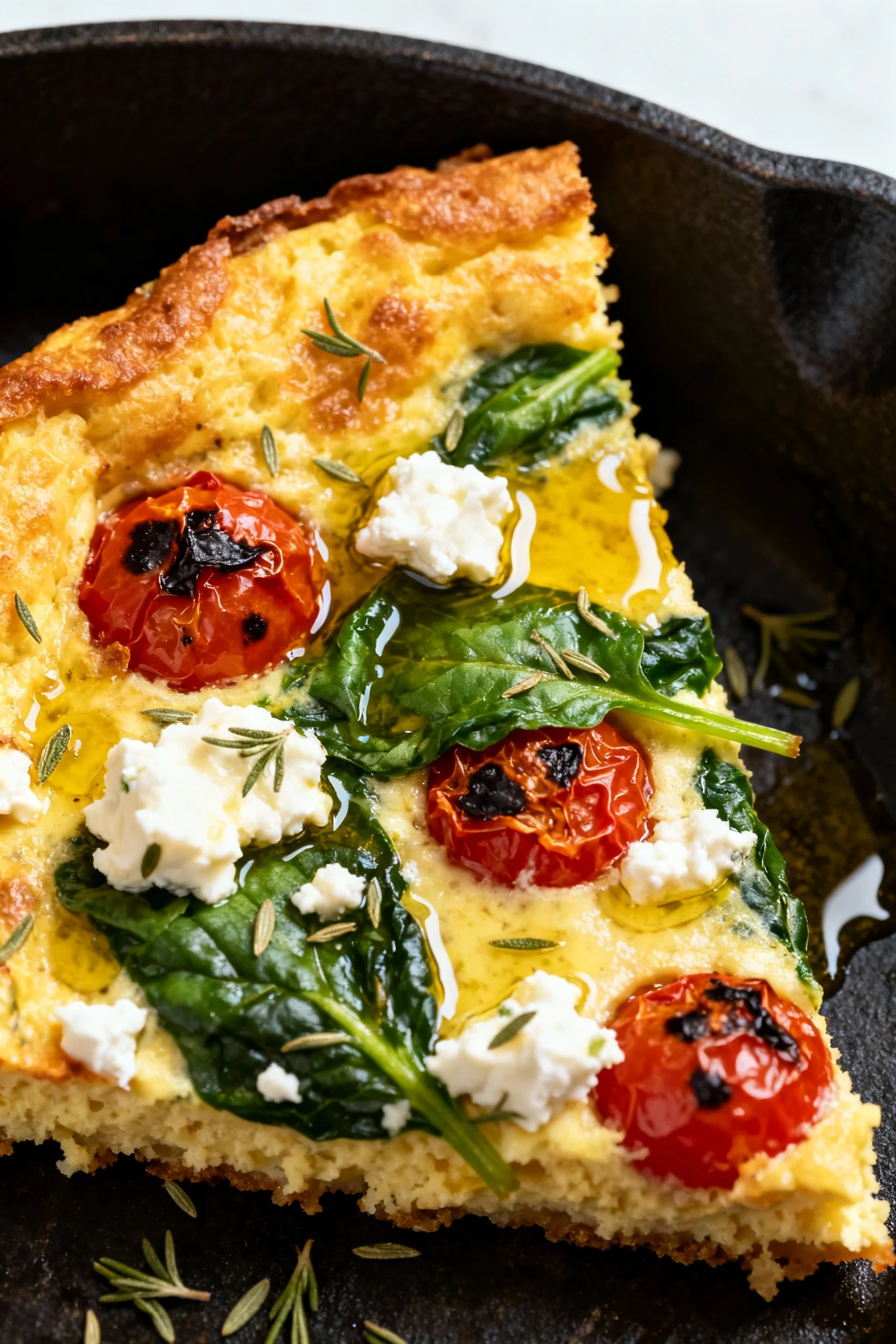 Close-up detail of a Mediterranean-style frittata slice from a cast-iron skillet: golden edges, blistered cherry tomatoe