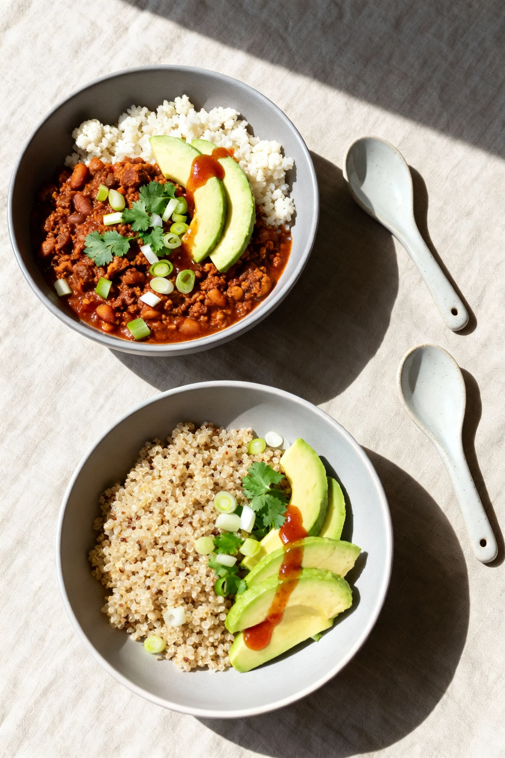 Tasty top view: two modern bowls—one chili over cauliflower rice, one plain with a side of cooked quinoa—both finished w