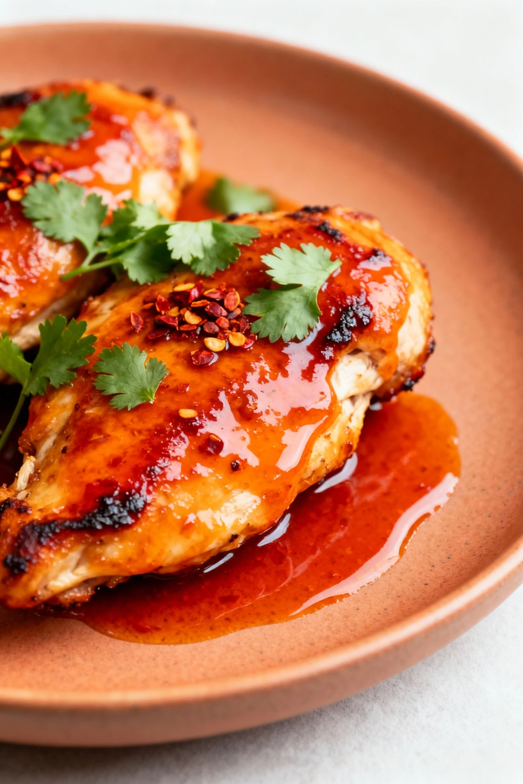 Final dish, 3/4 angle: Honey‑Chipotle glazed chicken cutlets lacquered in orange‑red adobo‑honey sauce with caramelized