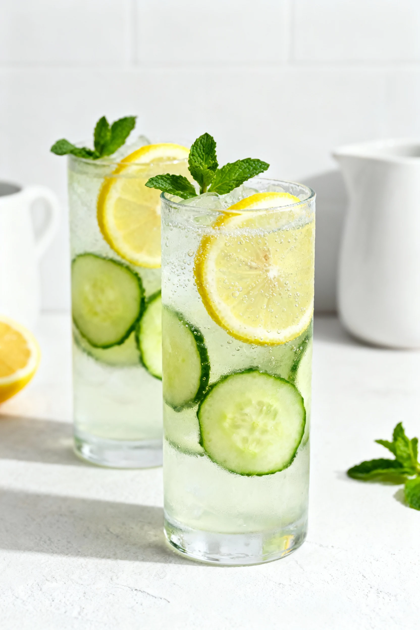Beautifully plated Cucumber Lemon Chill in frosted highball glasses: thin cucumber rounds and lemon wheels floating with