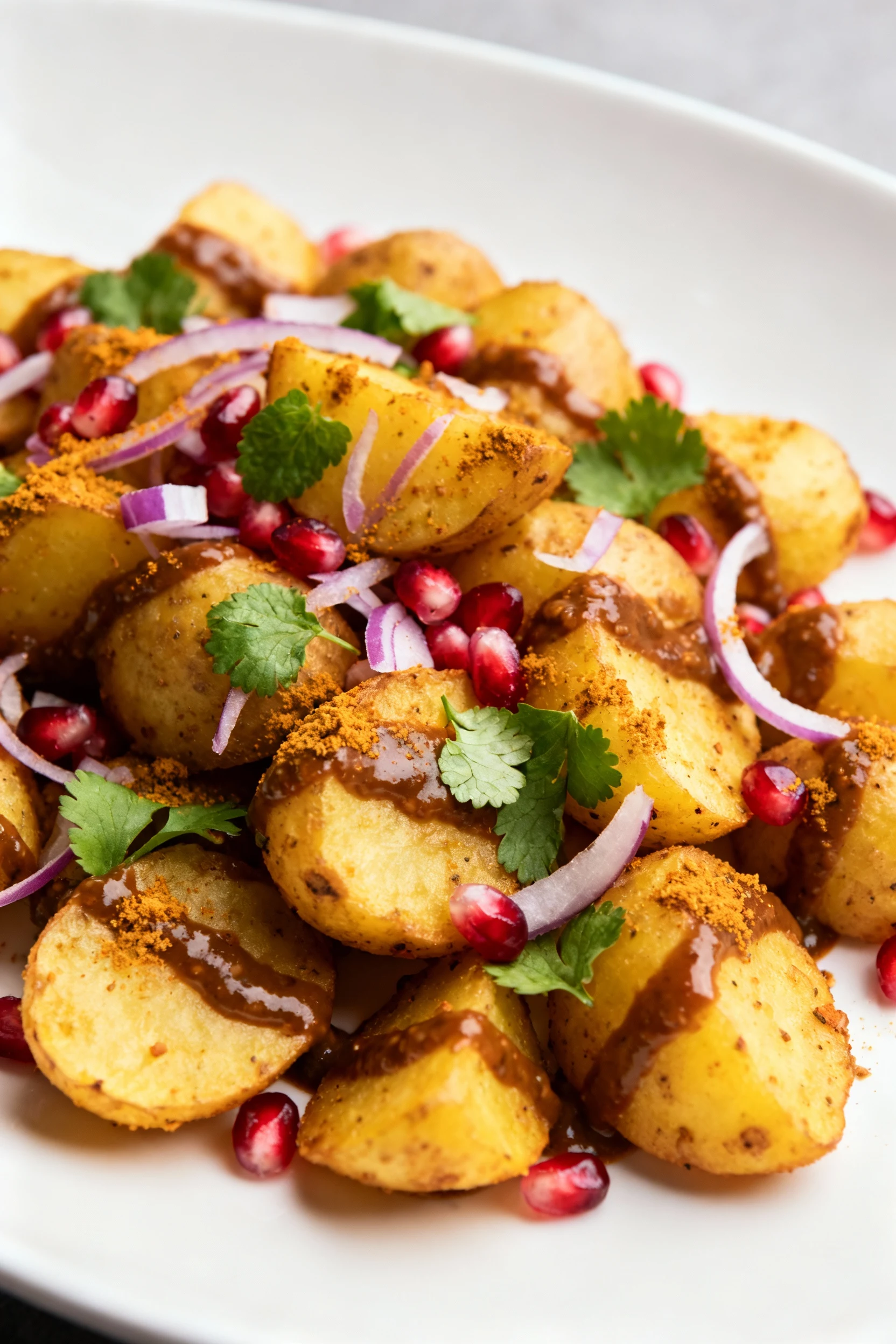 Final dish: restaurant-style aloo chaat upgrade—crispy spiced potatoes on a wide white plate, drizzled with tamarind and