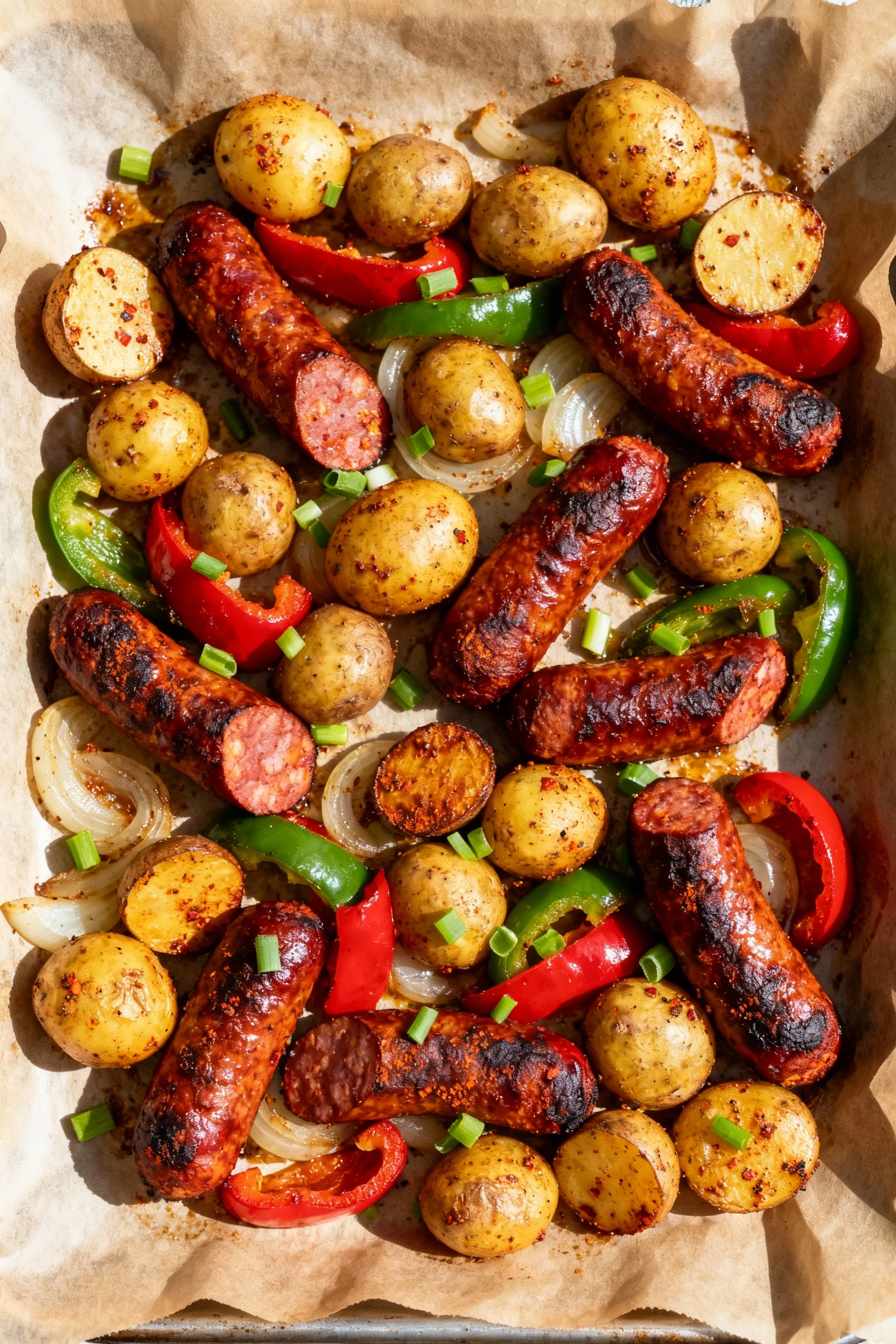Tasty top view of the sheet pan variation: roasted andouille with baby potatoes, red and green peppers, and onions, deep