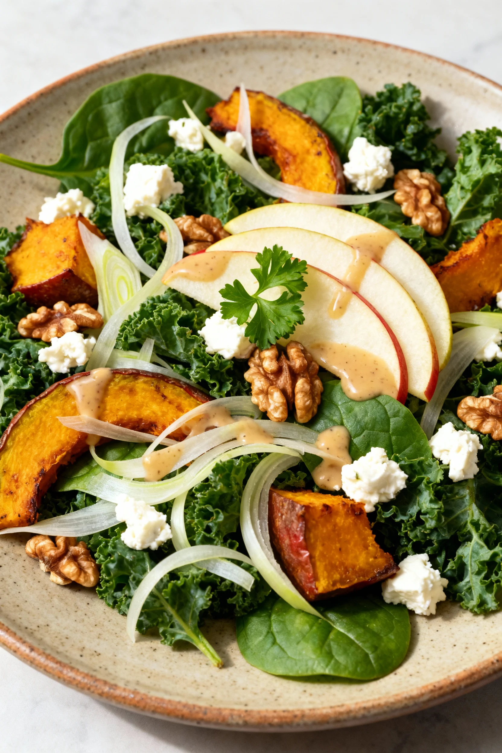 4. Beautifully plated Autumn Harvest salad with baby kale + spinach, roasted squash, shaved fennel, thin apple/pear slic