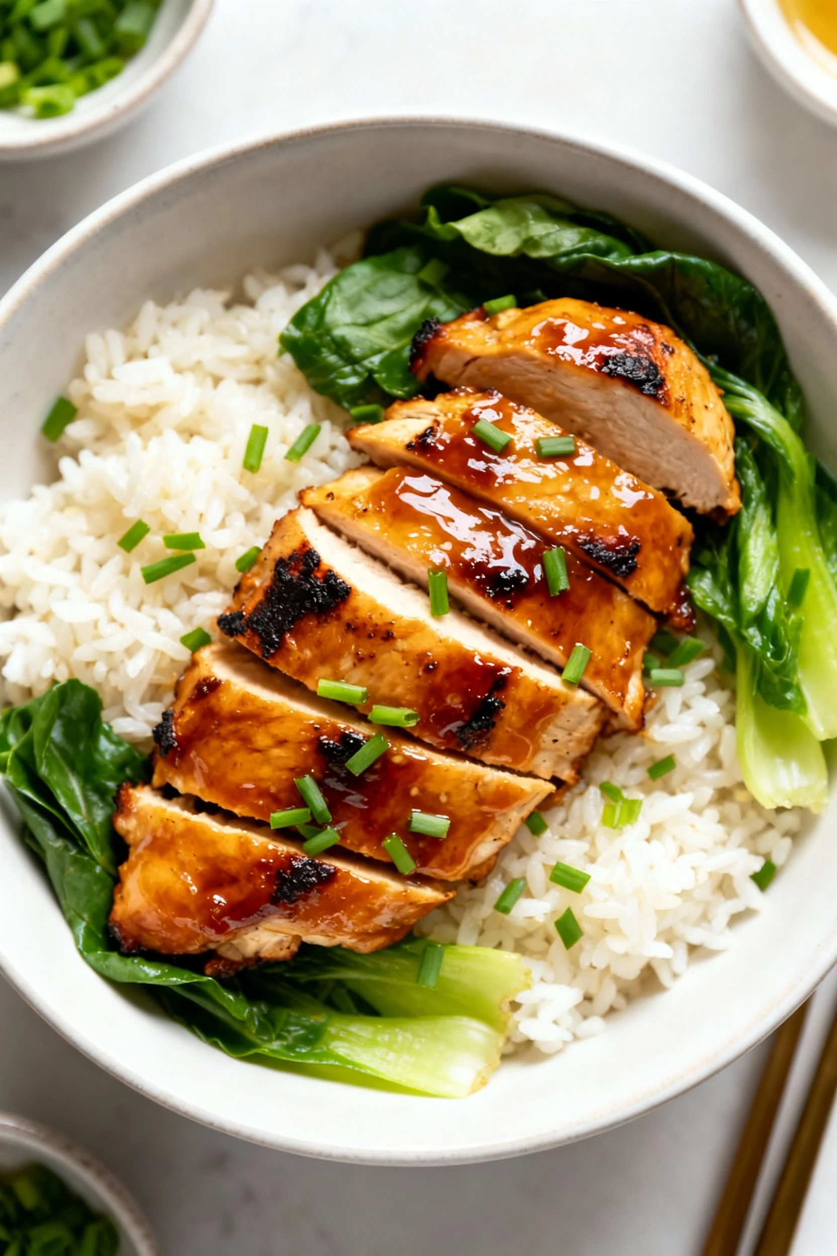 Top-view variation: honey-garlic glazed chicken slices (butter + honey + soy + chili flakes) over fluffy rice and simple