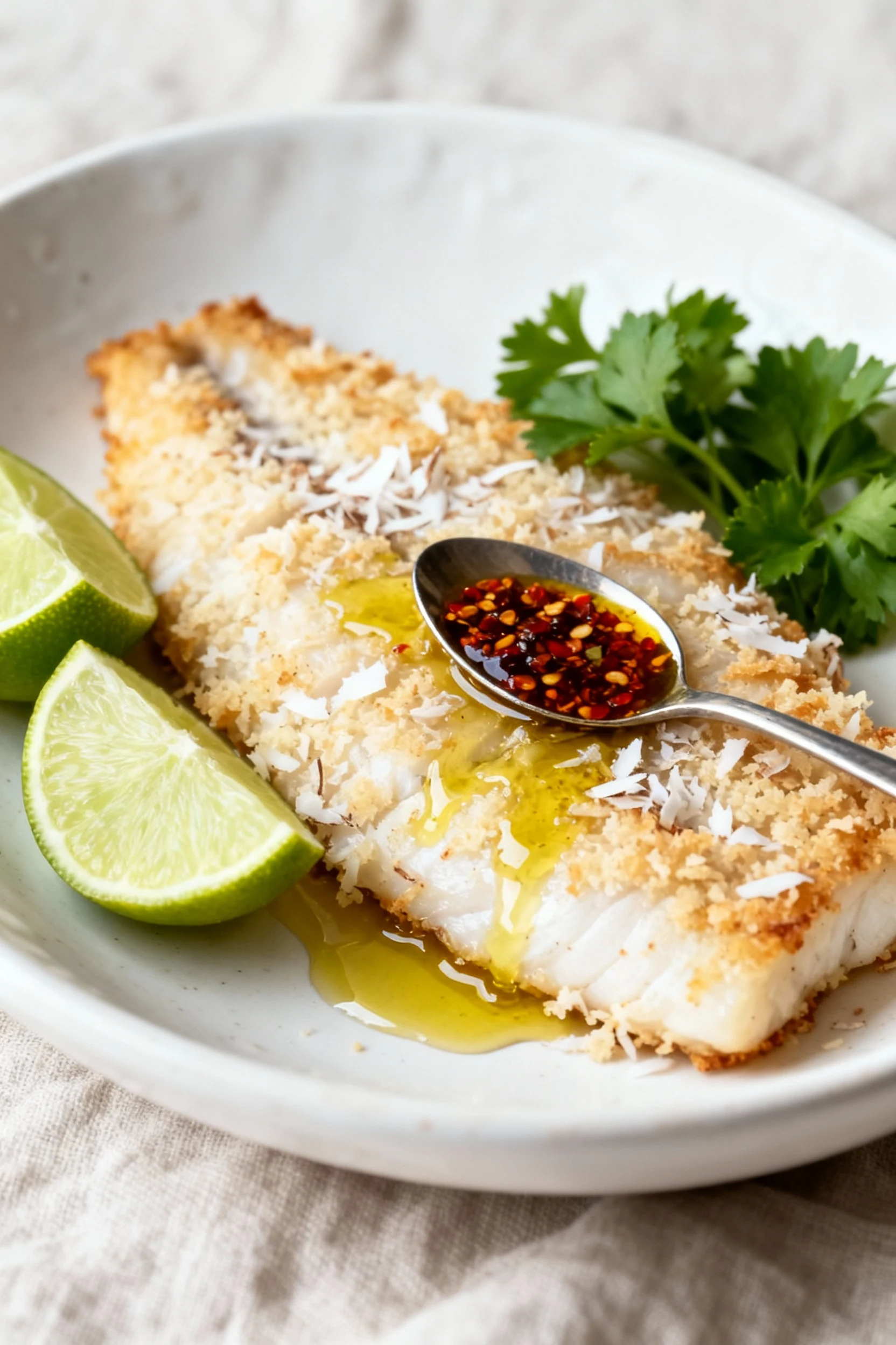 Beautifully plated coconut–lime crusted white fish (50/50 panko + unsweetened shredded coconut) finished with a drizzle 
